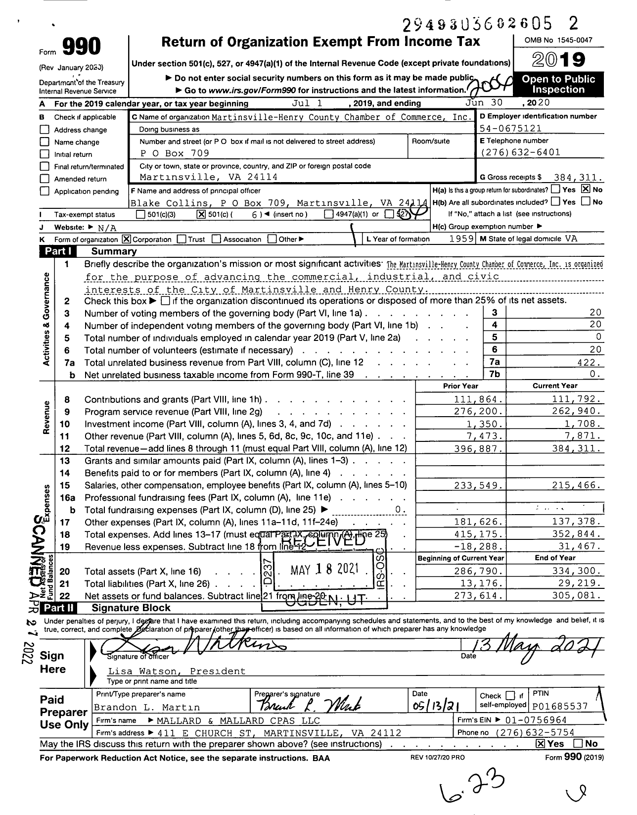 Image of first page of 2019 Form 990O for Martinsville-Henry County Chamber of Commerce