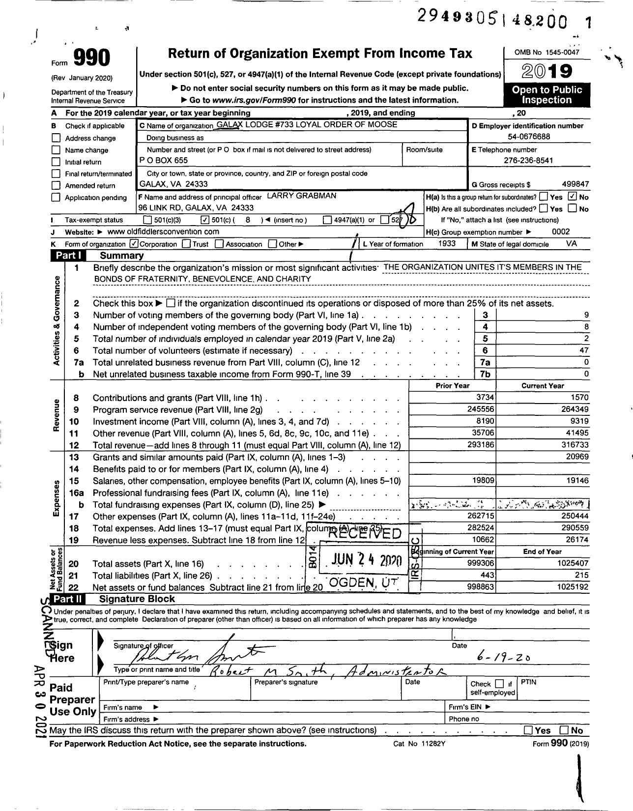 Image of first page of 2019 Form 990O for Loyal Order of Moose - 733