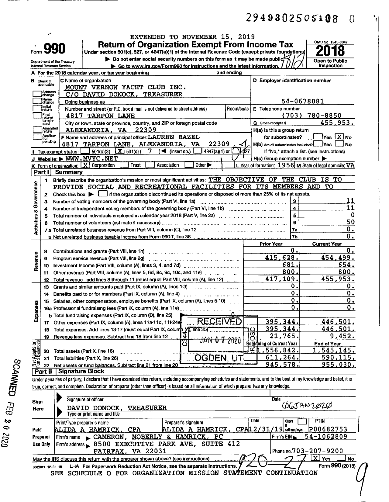 Image of first page of 2018 Form 990O for Mount Vernon Yacht Club