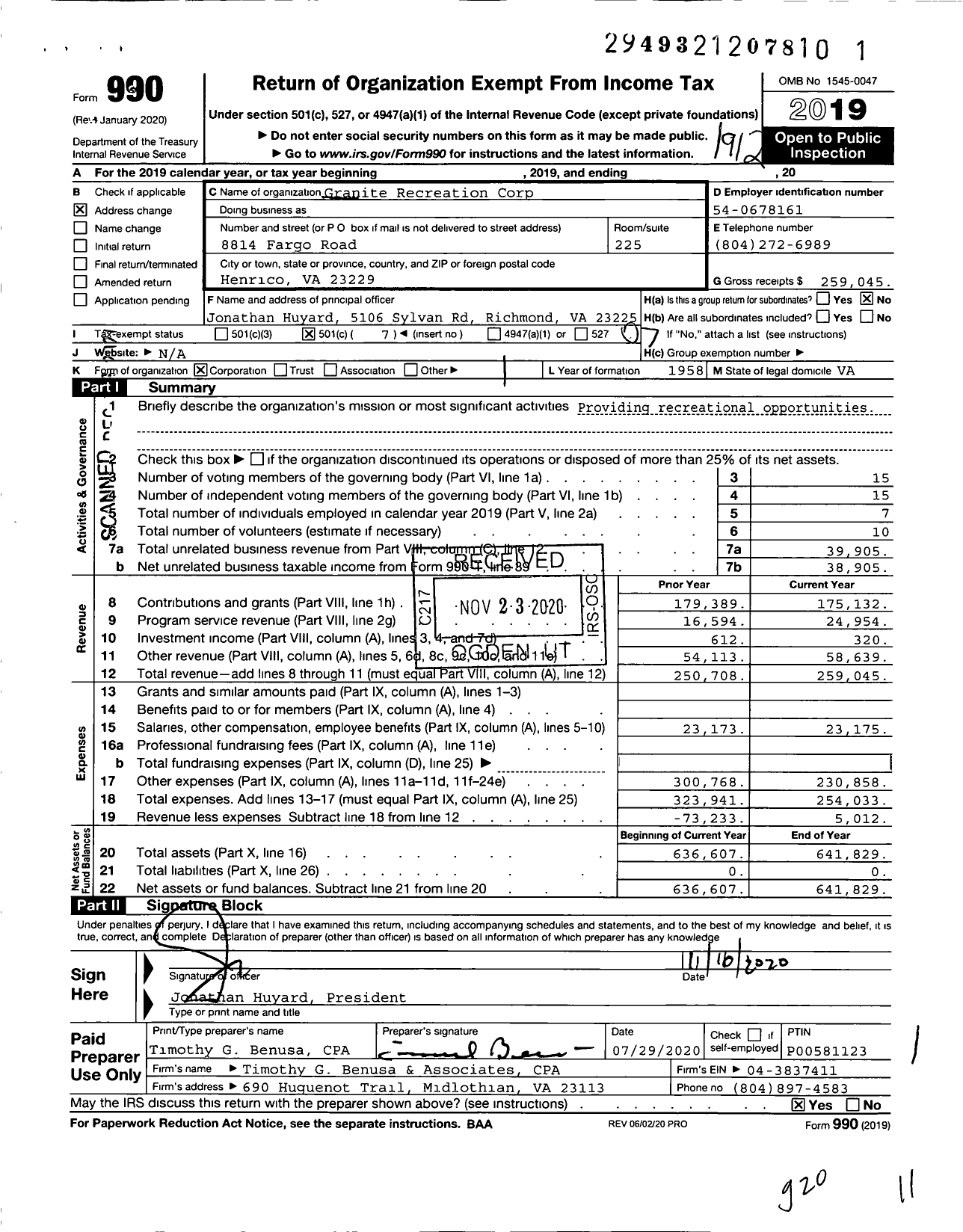 Image of first page of 2019 Form 990O for Granite Recreation Corporation