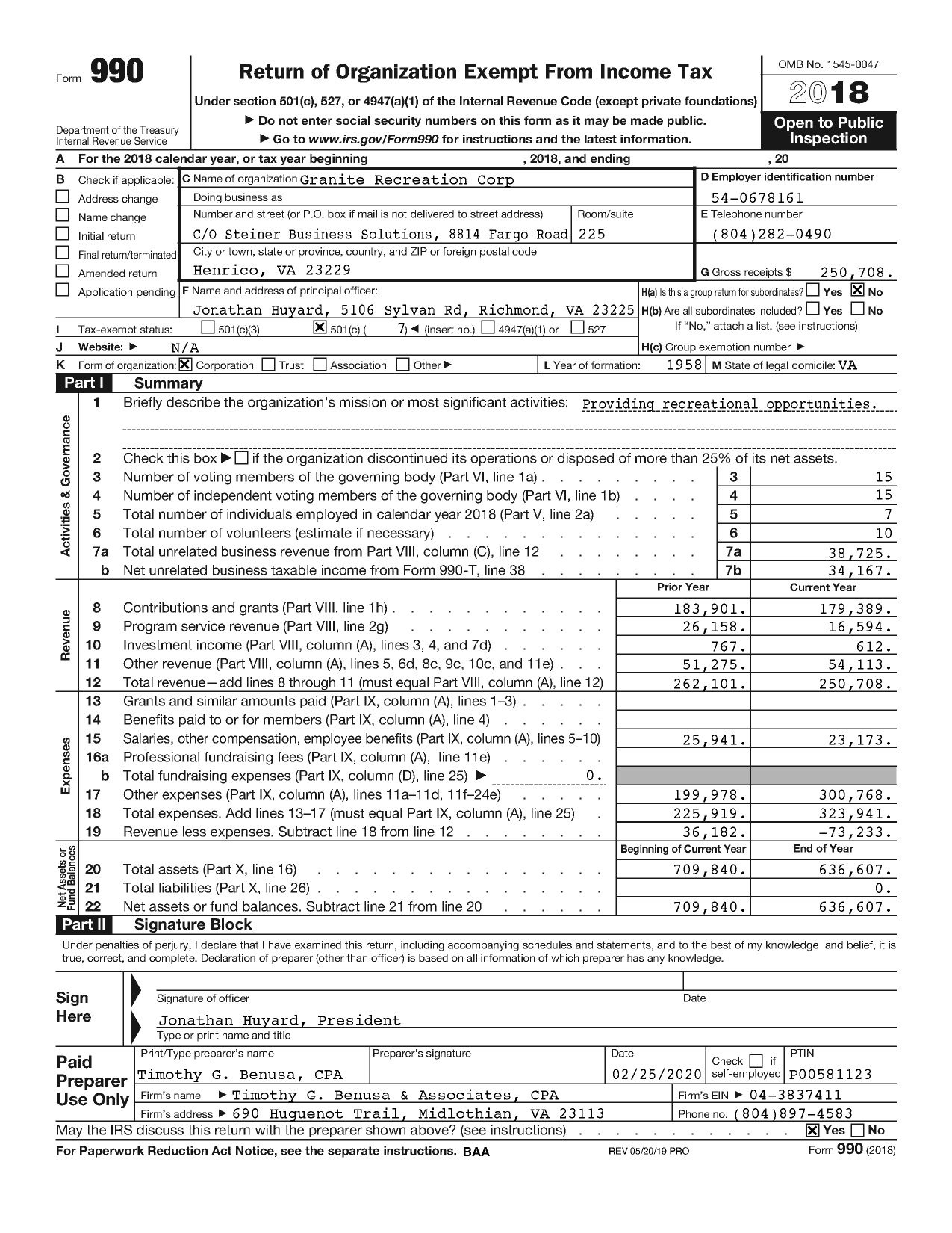 Image of first page of 2018 Form 990 for Granite Recreation Corporation