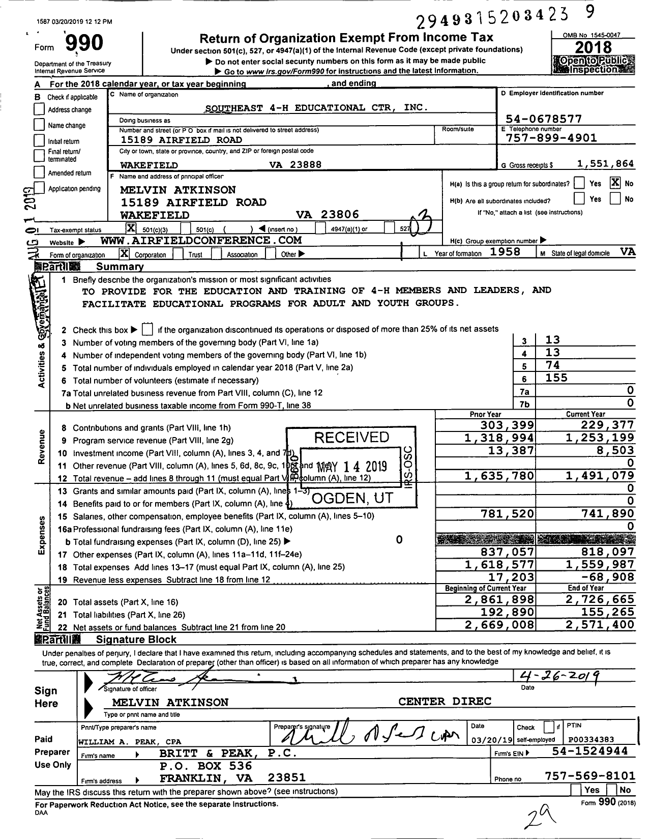 Image of first page of 2018 Form 990 for Airfield Conference Center