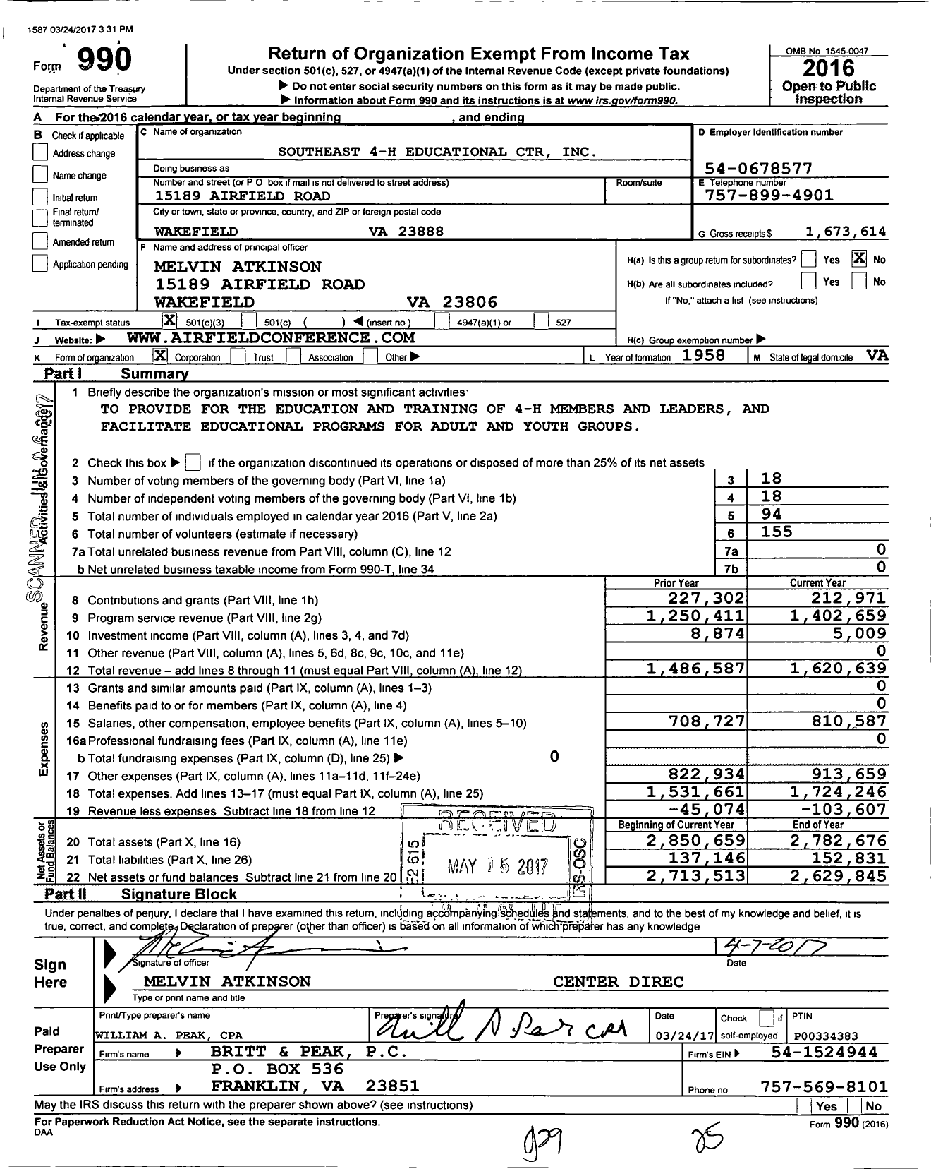 Image of first page of 2016 Form 990 for Airfield Conference Center