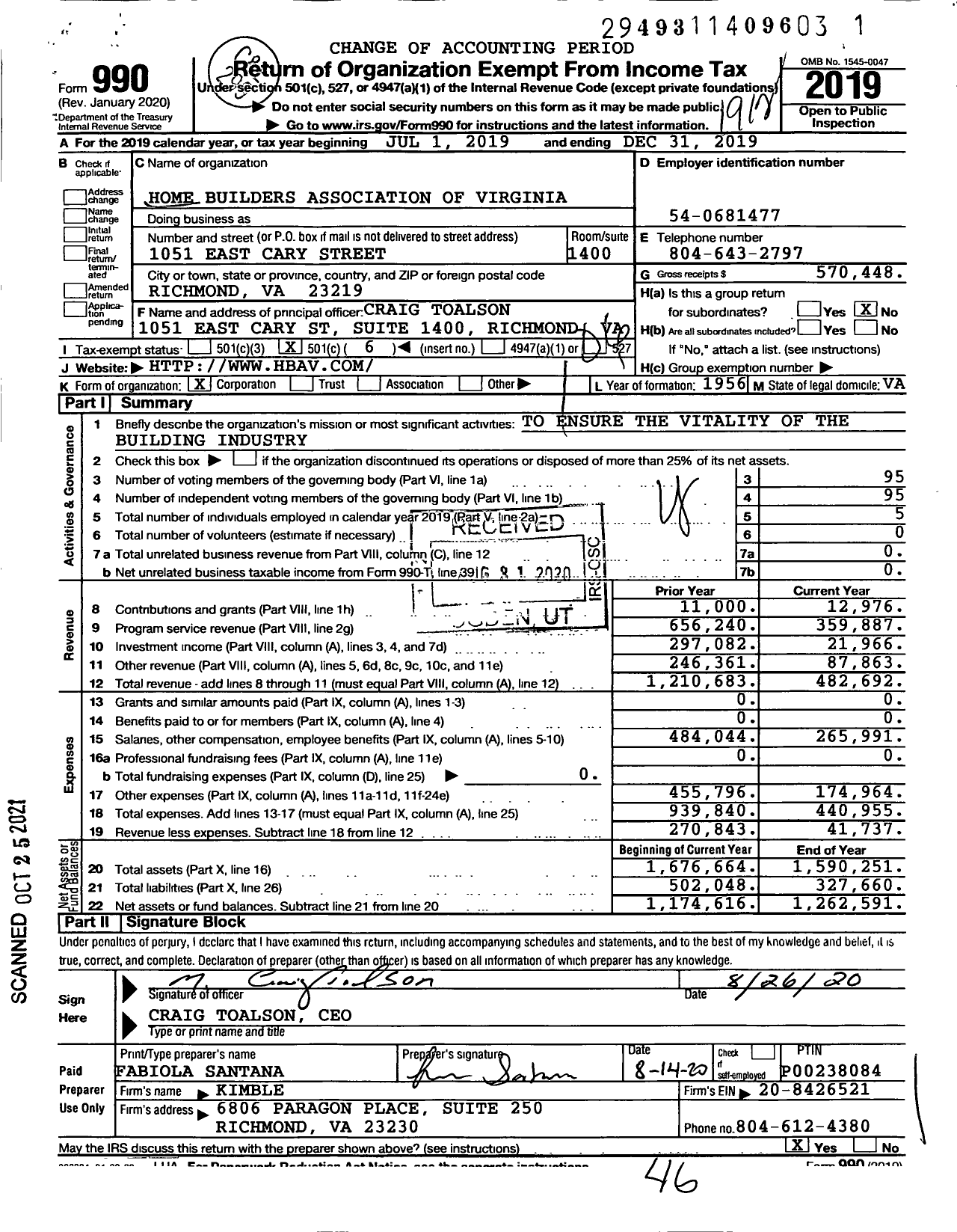 Image of first page of 2019 Form 990O for Home Builders Association of Virginia