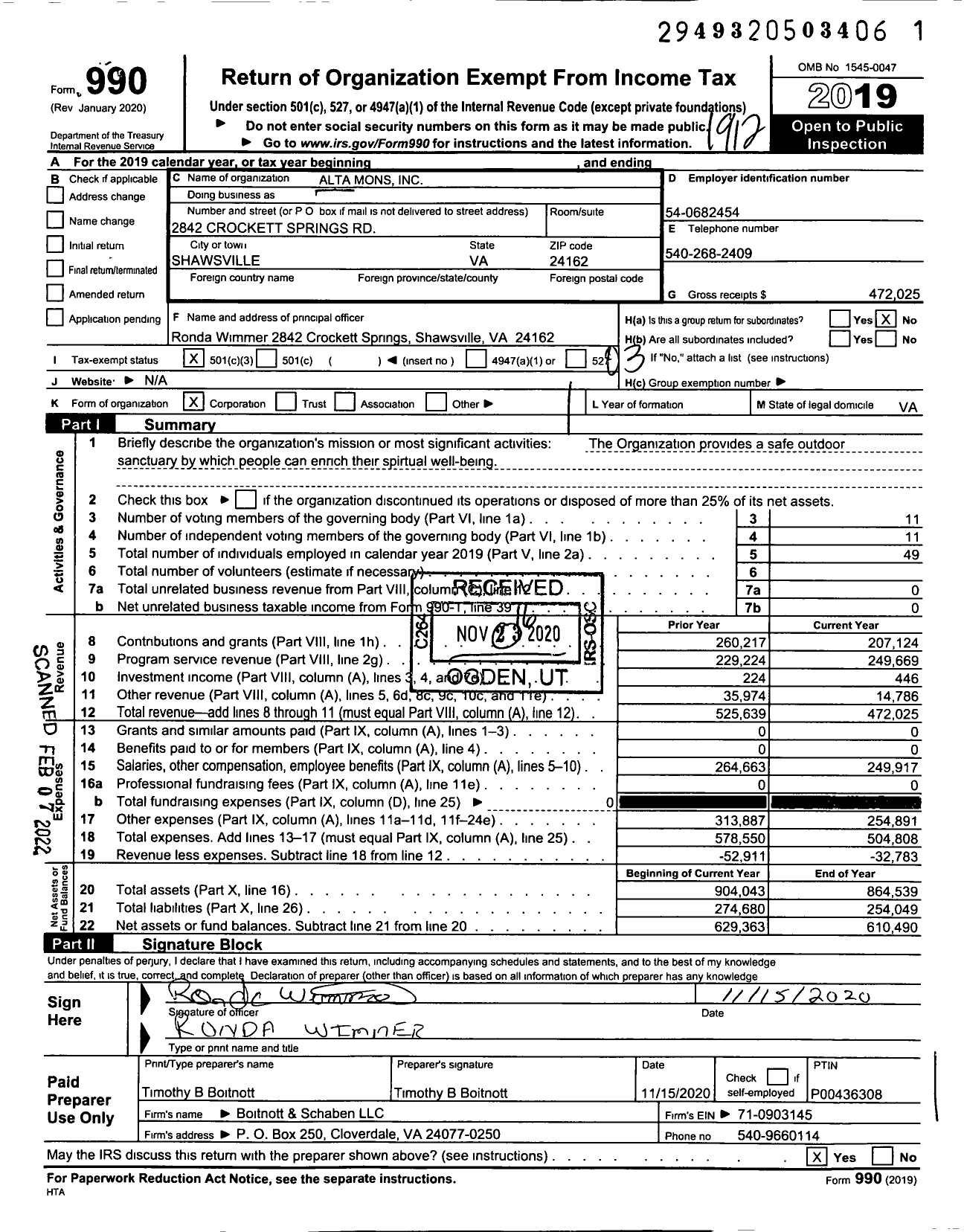 Image of first page of 2019 Form 990 for Alta Mons