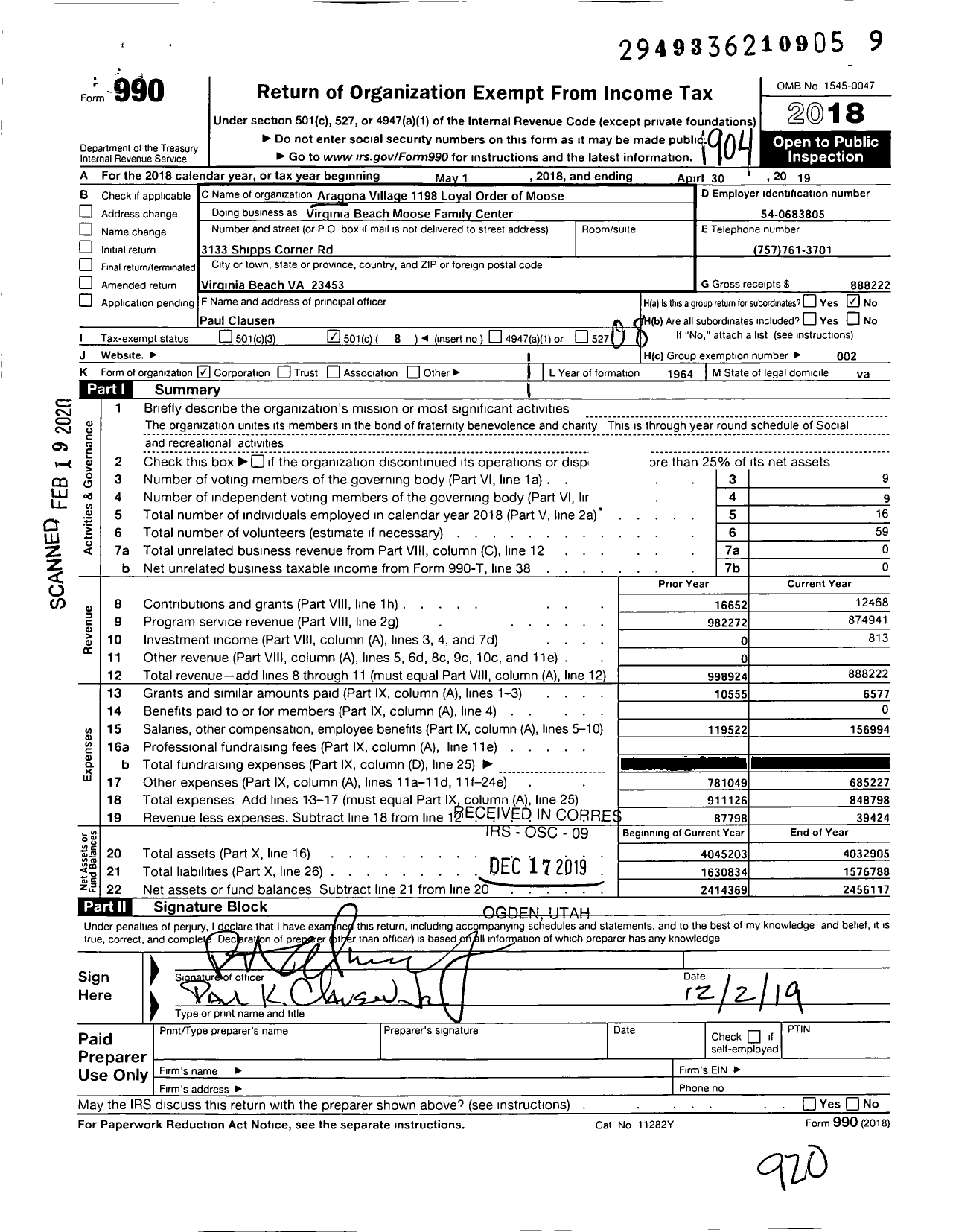 Image of first page of 2018 Form 990O for Loyal Order of Moose - Virginia Beach Moose Family Center