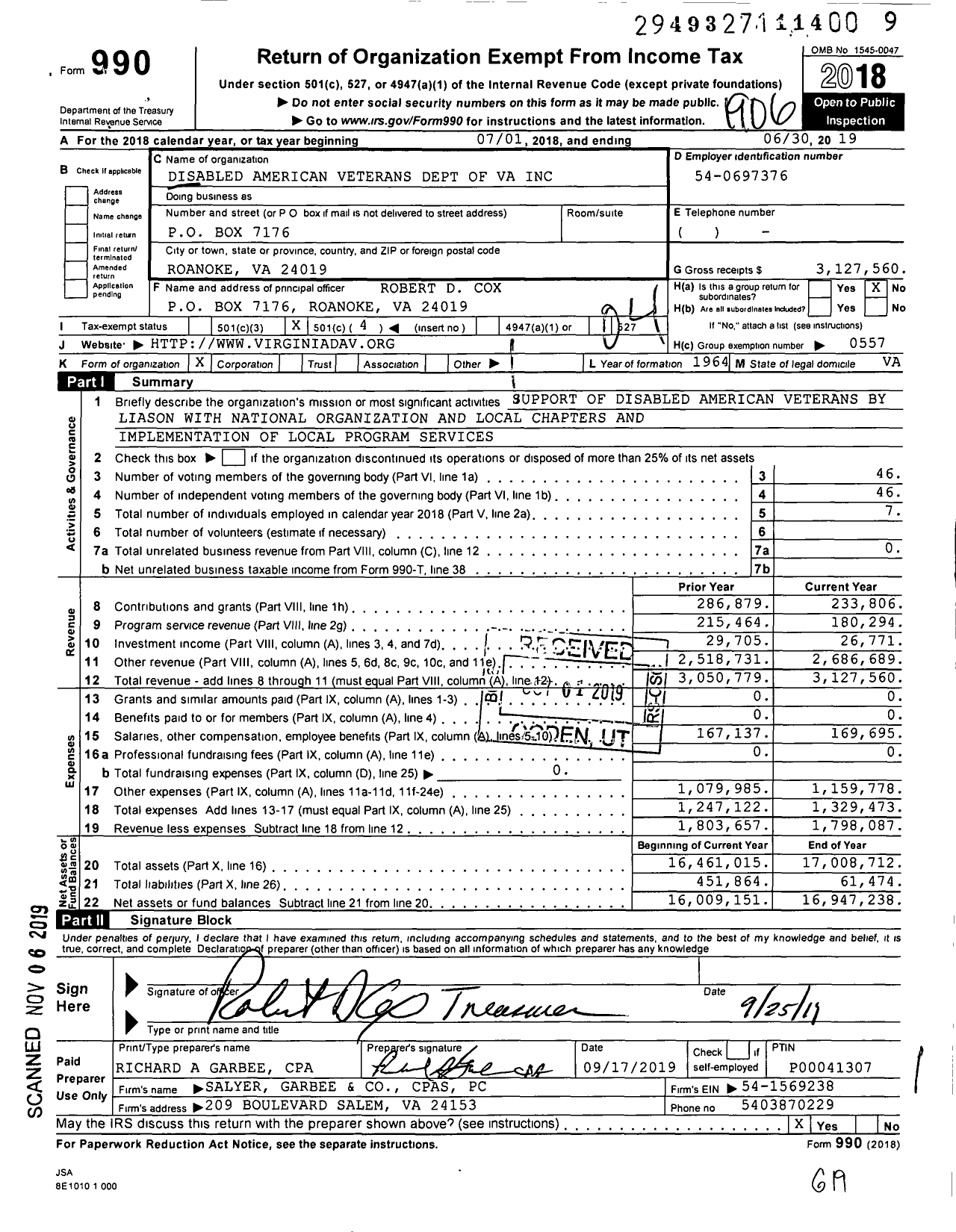 Image of first page of 2018 Form 990O for Disabled American Veterans - Dept of Virginia