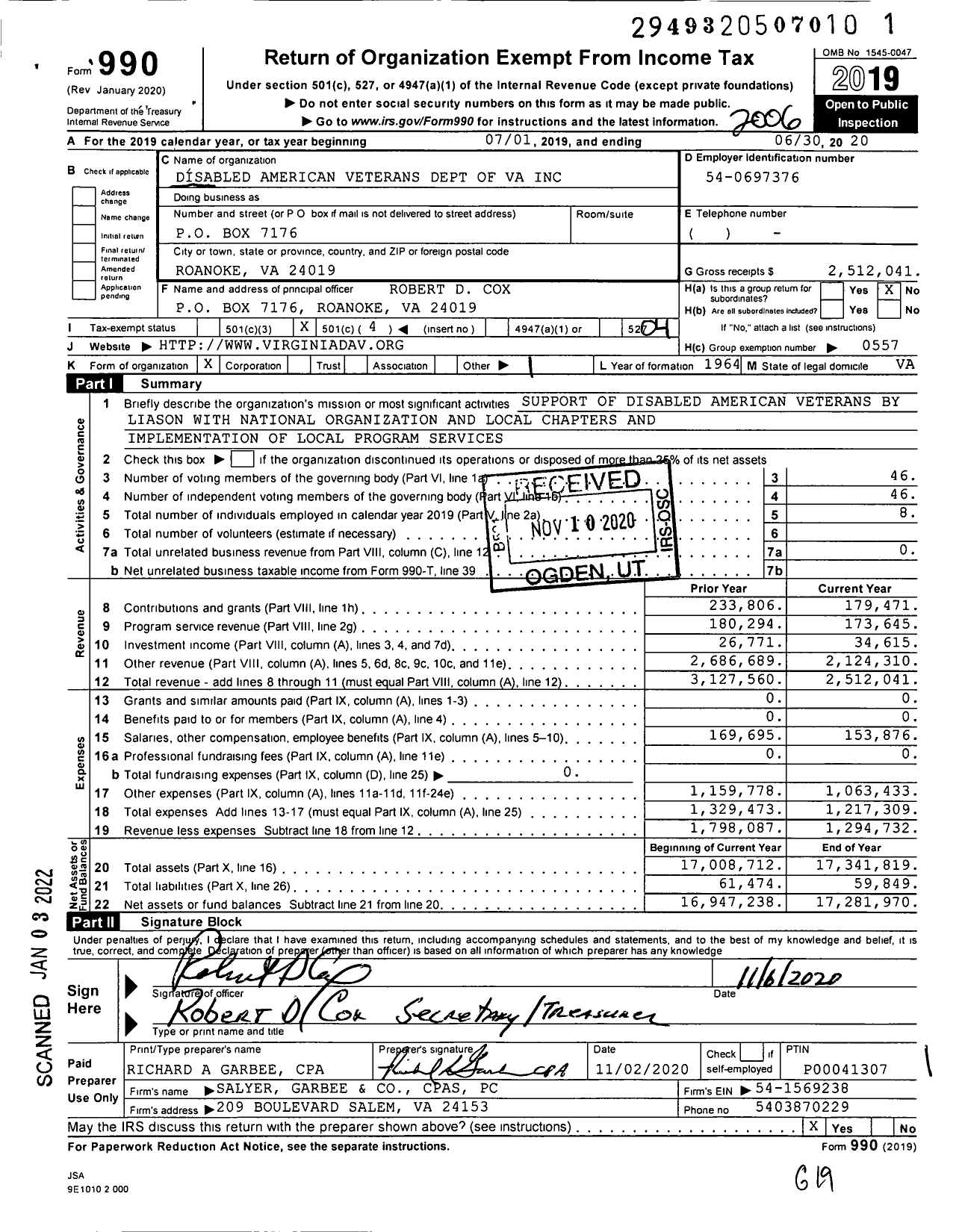 Image of first page of 2019 Form 990O for Disabled American Veterans - Dept of Virginia