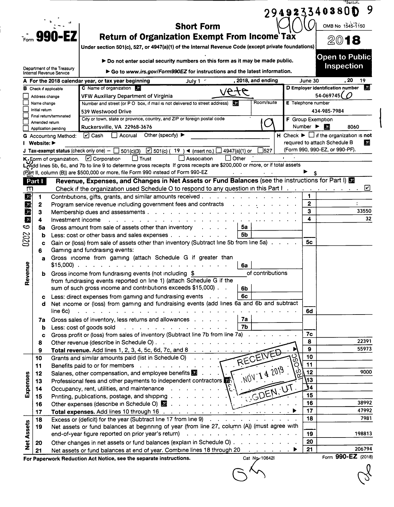 Image of first page of 2018 Form 990EO for VFW Auxiliary Dept of Virginia