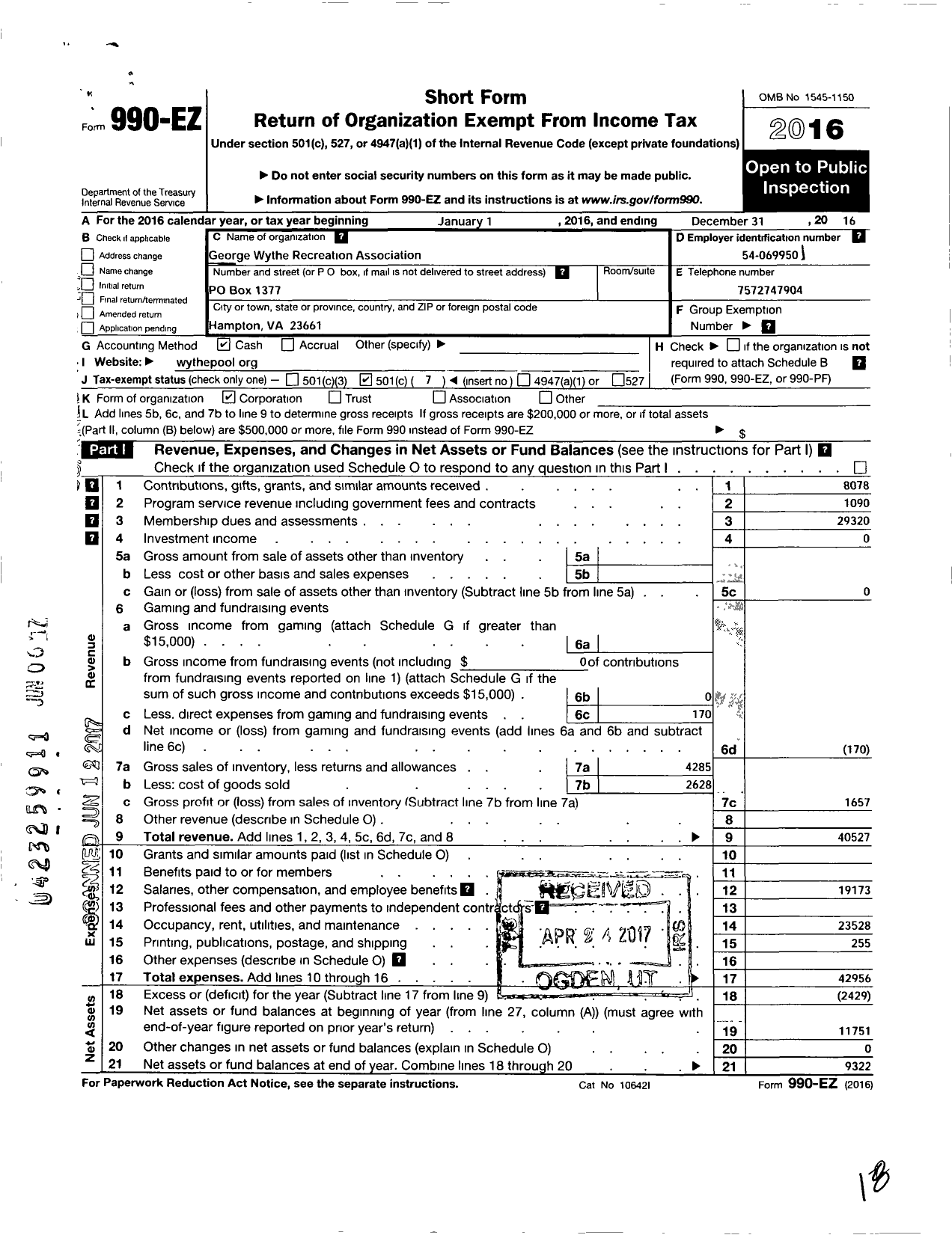 Image of first page of 2016 Form 990EO for George Wythe Recreation Association