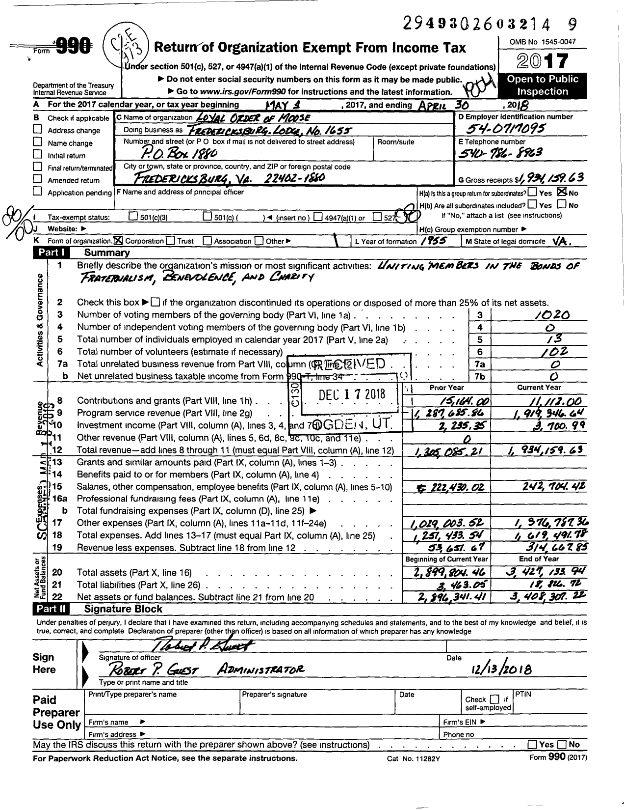 Image of first page of 2017 Form 990O for Loyal Order of Moose - Moose International.