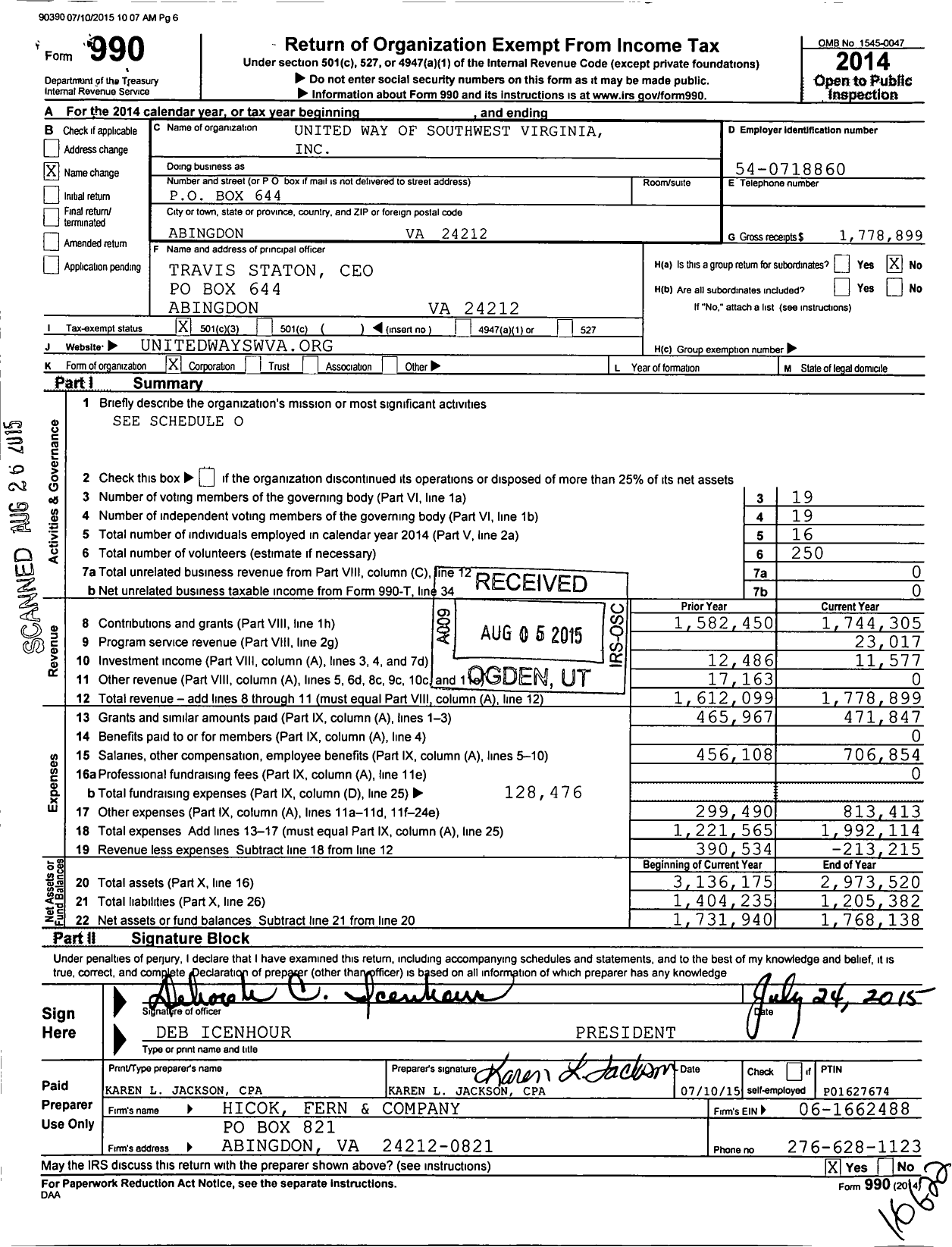 Image of first page of 2014 Form 990 for United Way of Southwest Virginia
