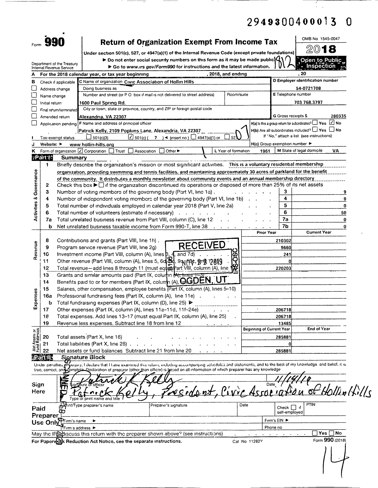 Image of first page of 2018 Form 990O for Civic Association of Hollin Hills