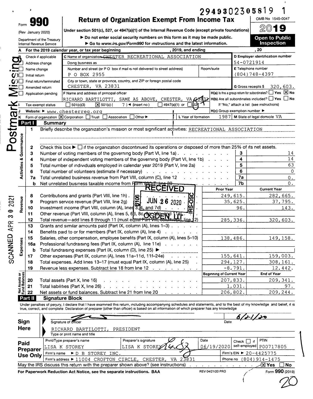 Image of first page of 2019 Form 990O for Chester Recreational Association