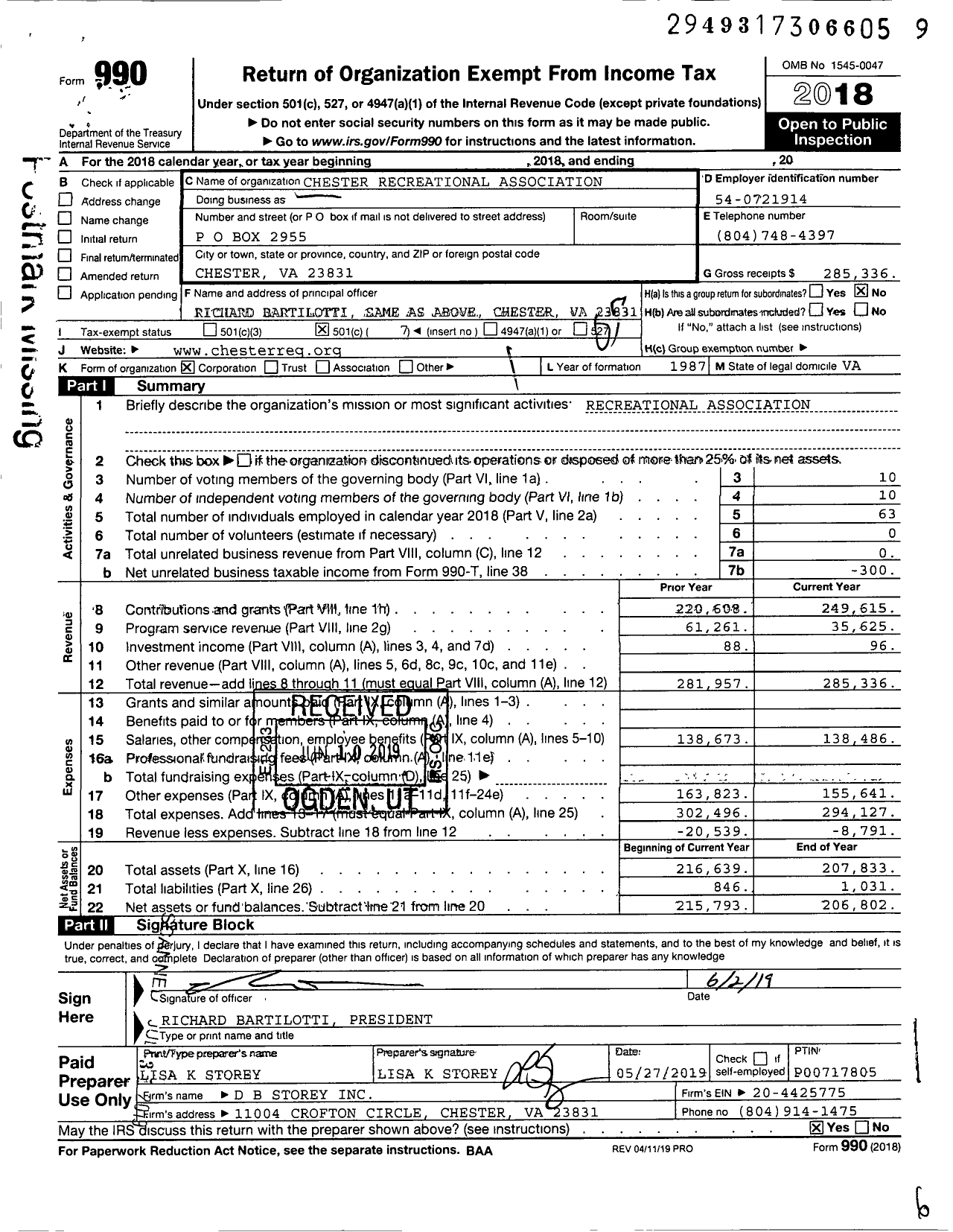 Image of first page of 2018 Form 990O for Chester Recreational Association