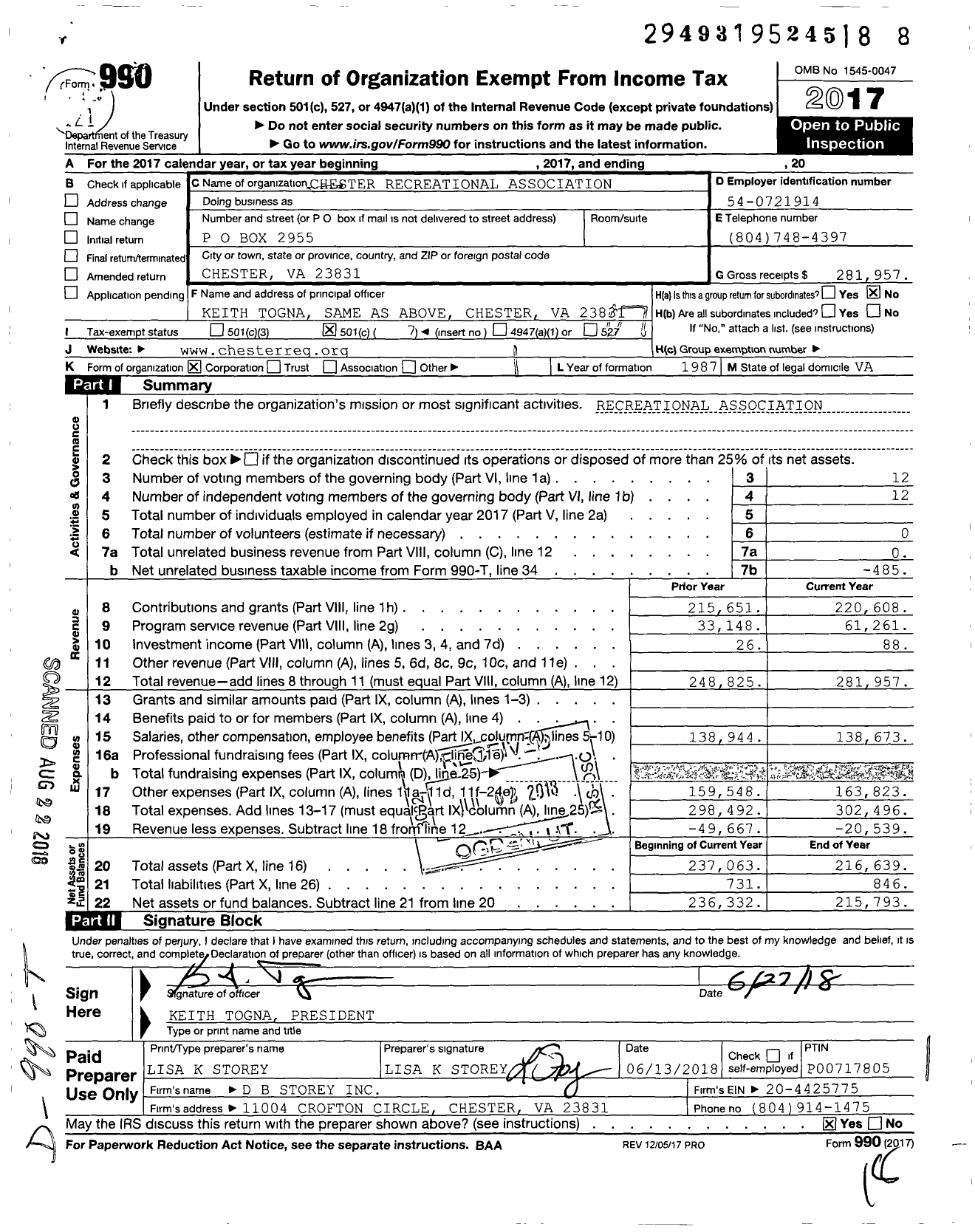 Image of first page of 2017 Form 990O for Chester Recreational Association