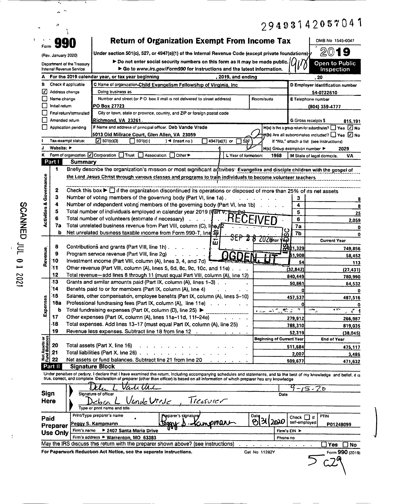 Image of first page of 2019 Form 990 for CHILD EVANGELISM FELLOWSHIP - CEF of Virginia