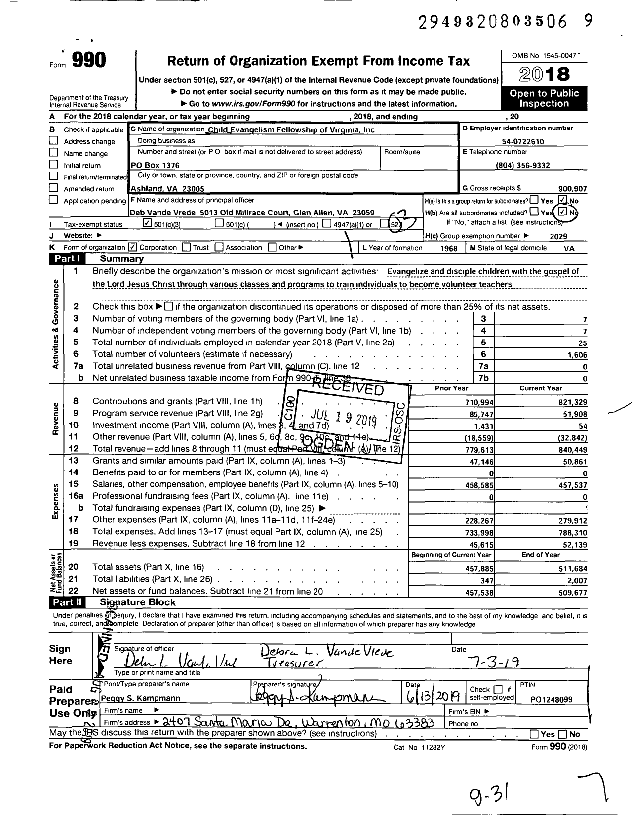 Image of first page of 2018 Form 990 for CHILD EVANGELISM FELLOWSHIP - CEF of Virginia