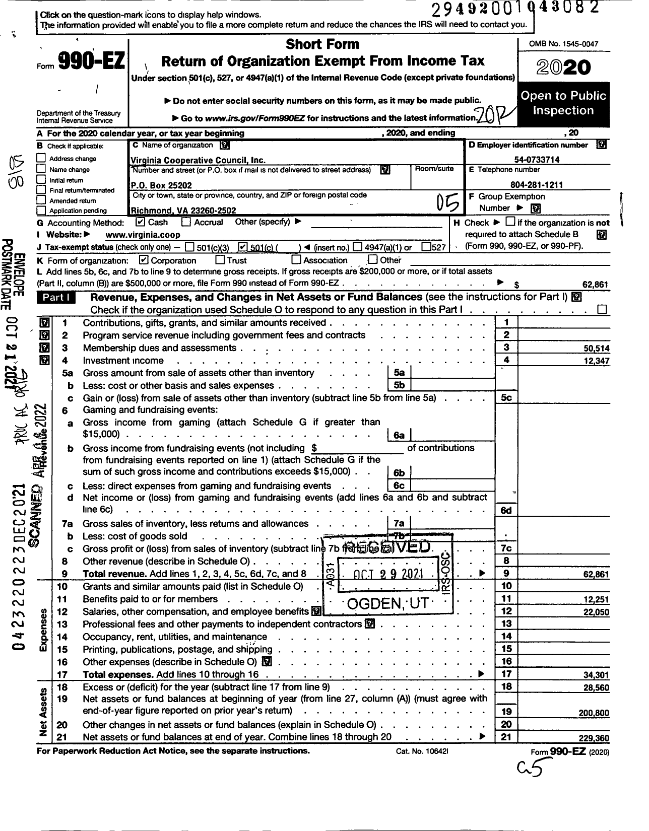 Image of first page of 2020 Form 990EO for Virginia Cooperative Council