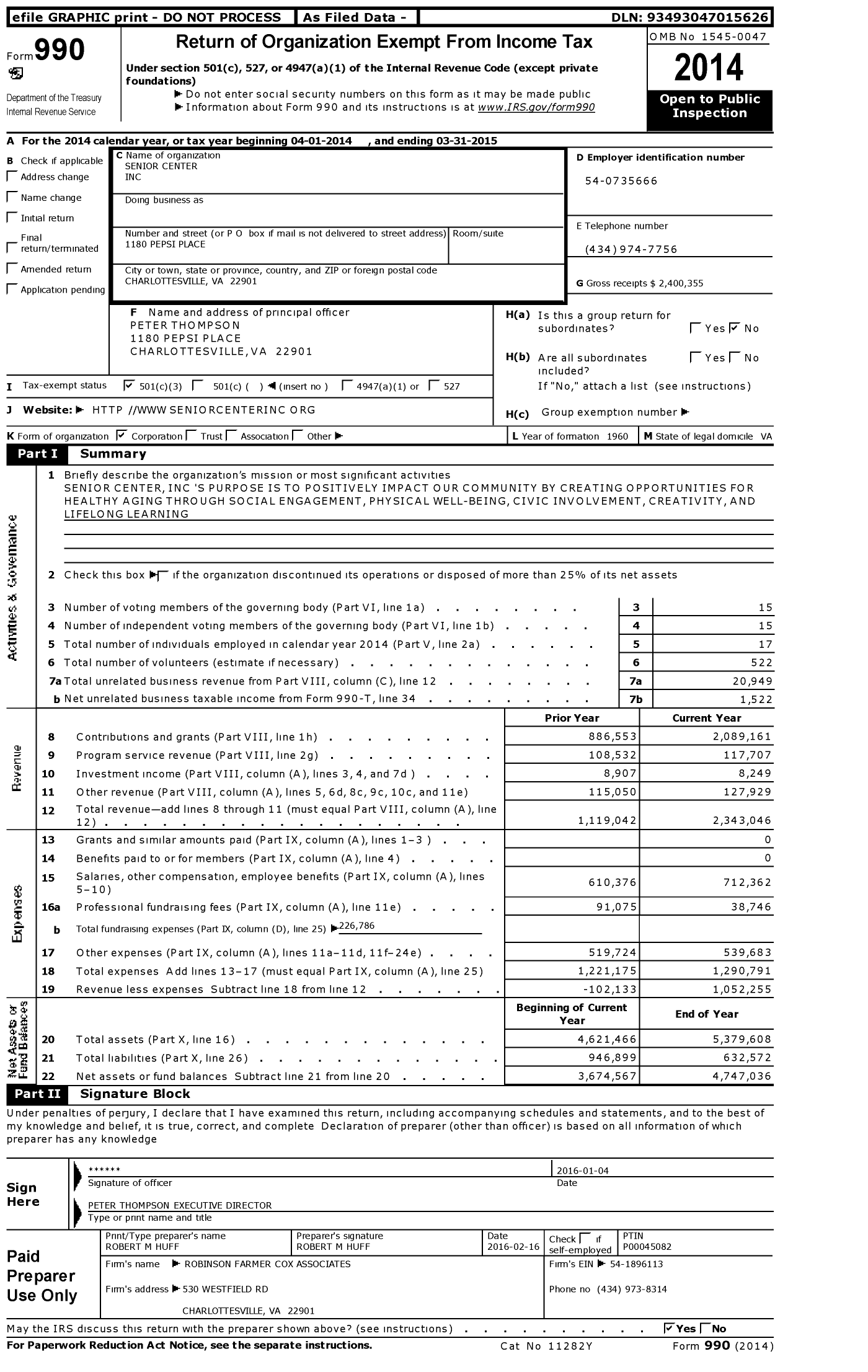 Image of first page of 2014 Form 990 for The Center / Senior Center Inc
