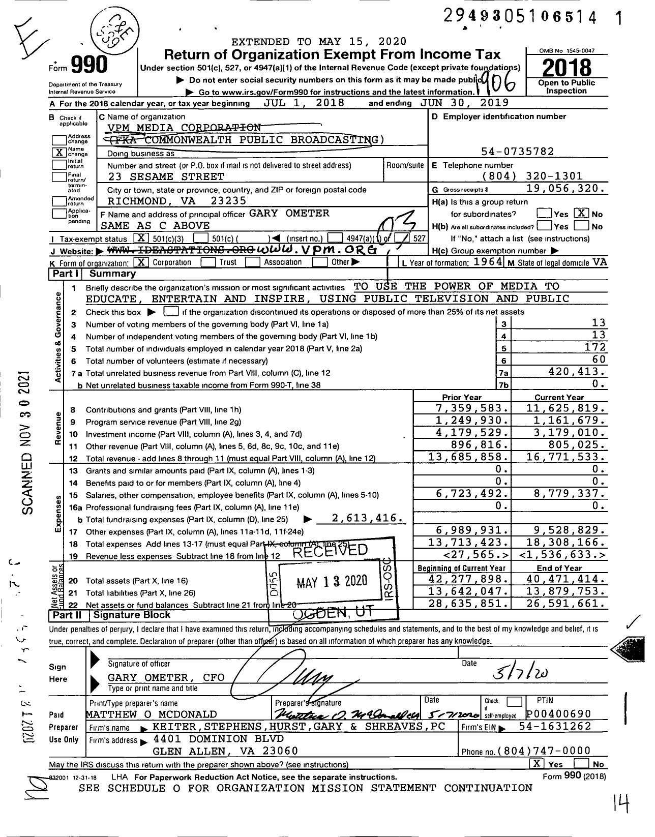 Image of first page of 2018 Form 990 for VPM Media Corporation