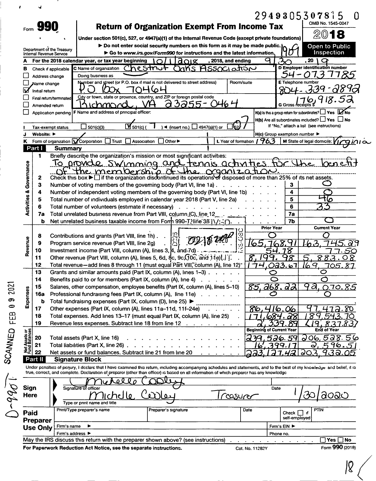 Image of first page of 2018 Form 990O for Chestnut Oaks Association