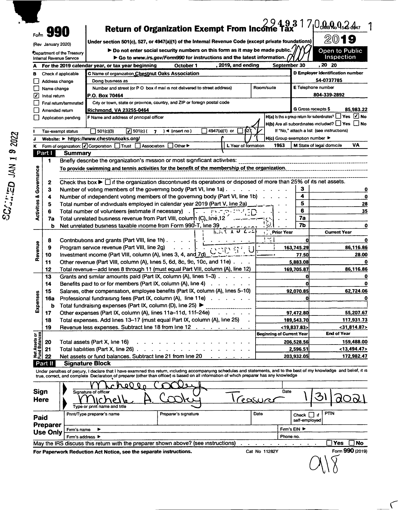 Image of first page of 2019 Form 990O for Chestnut Oaks Association