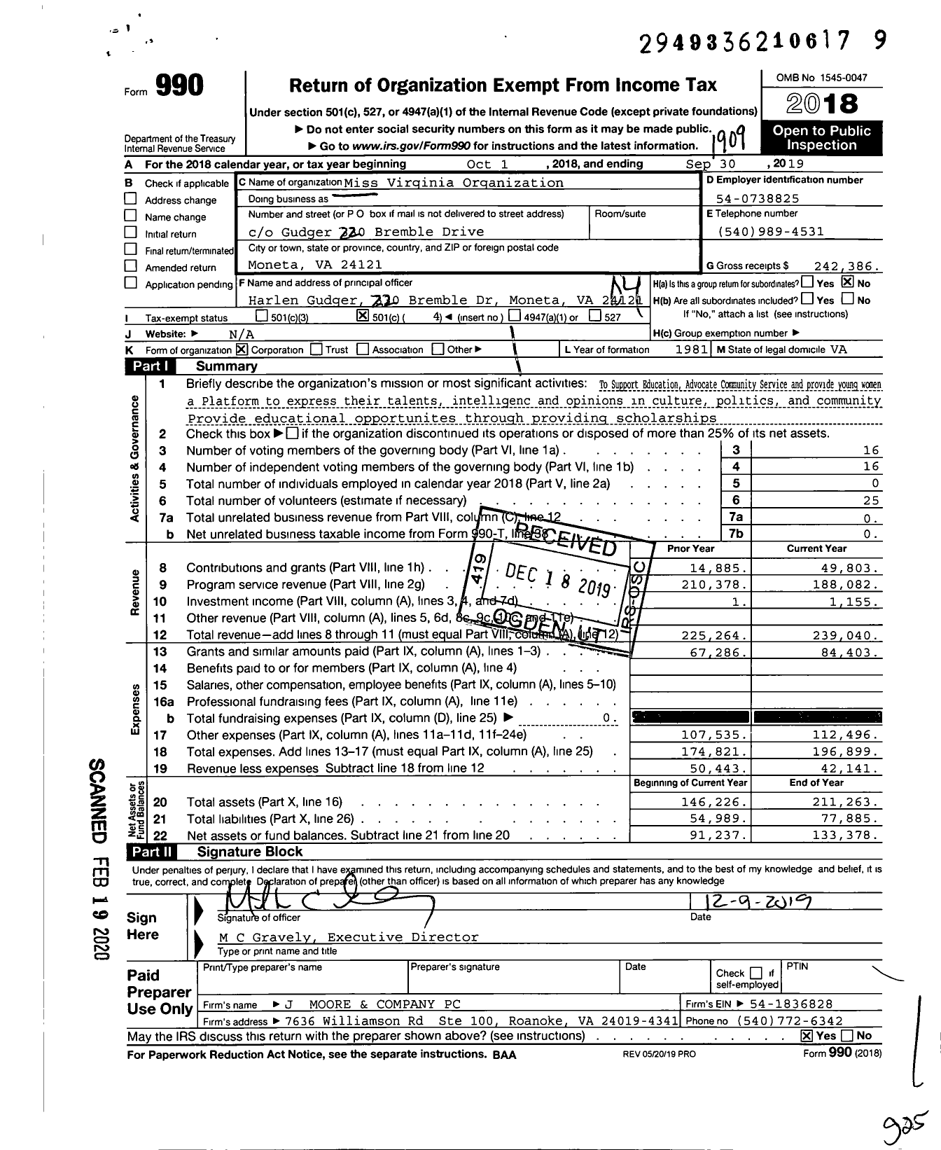 Image of first page of 2018 Form 990O for Miss Virginia Scholarship Organization