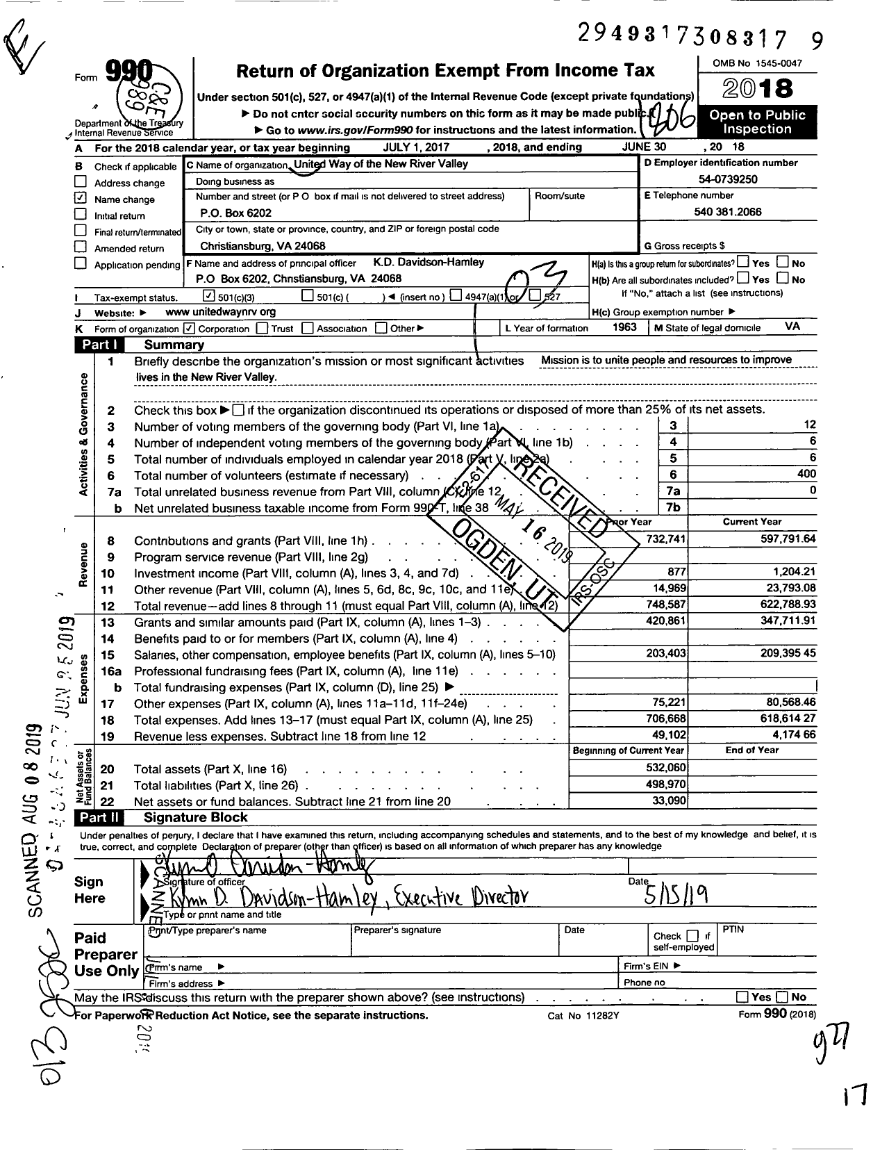 Image of first page of 2017 Form 990 for United Way of the New River Valley