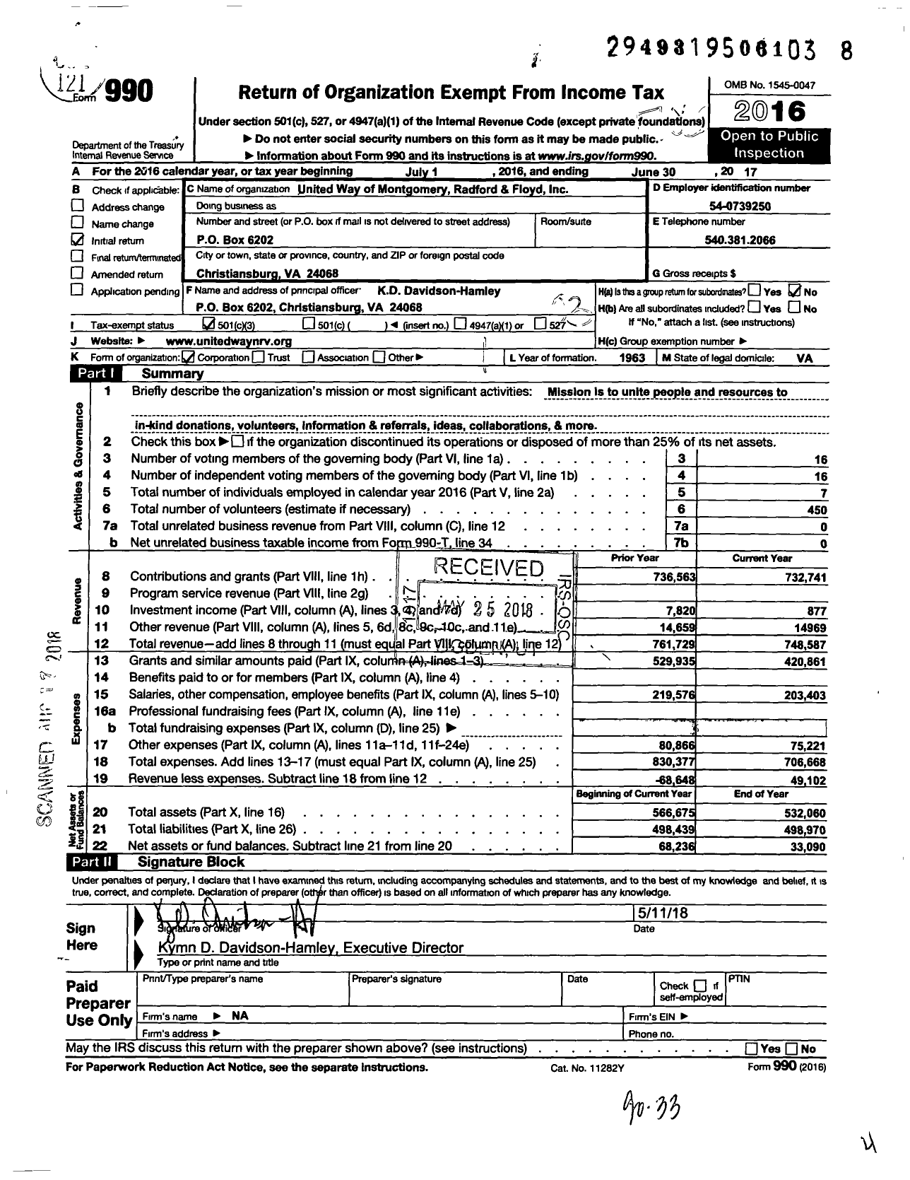 Image of first page of 2016 Form 990 for United Way of the New River Valley