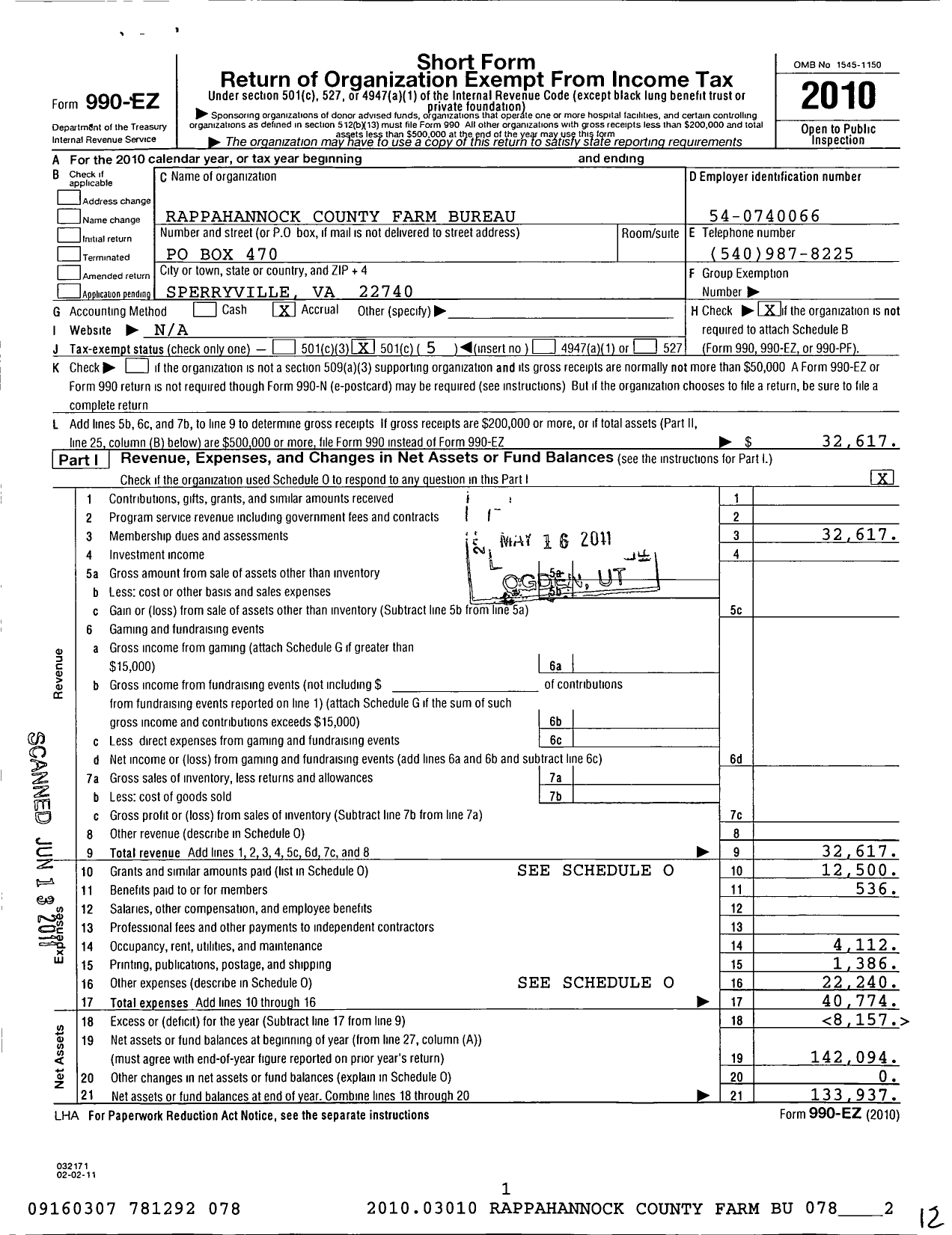 Image of first page of 2010 Form 990EO for Rappahannock County Farm Bureau