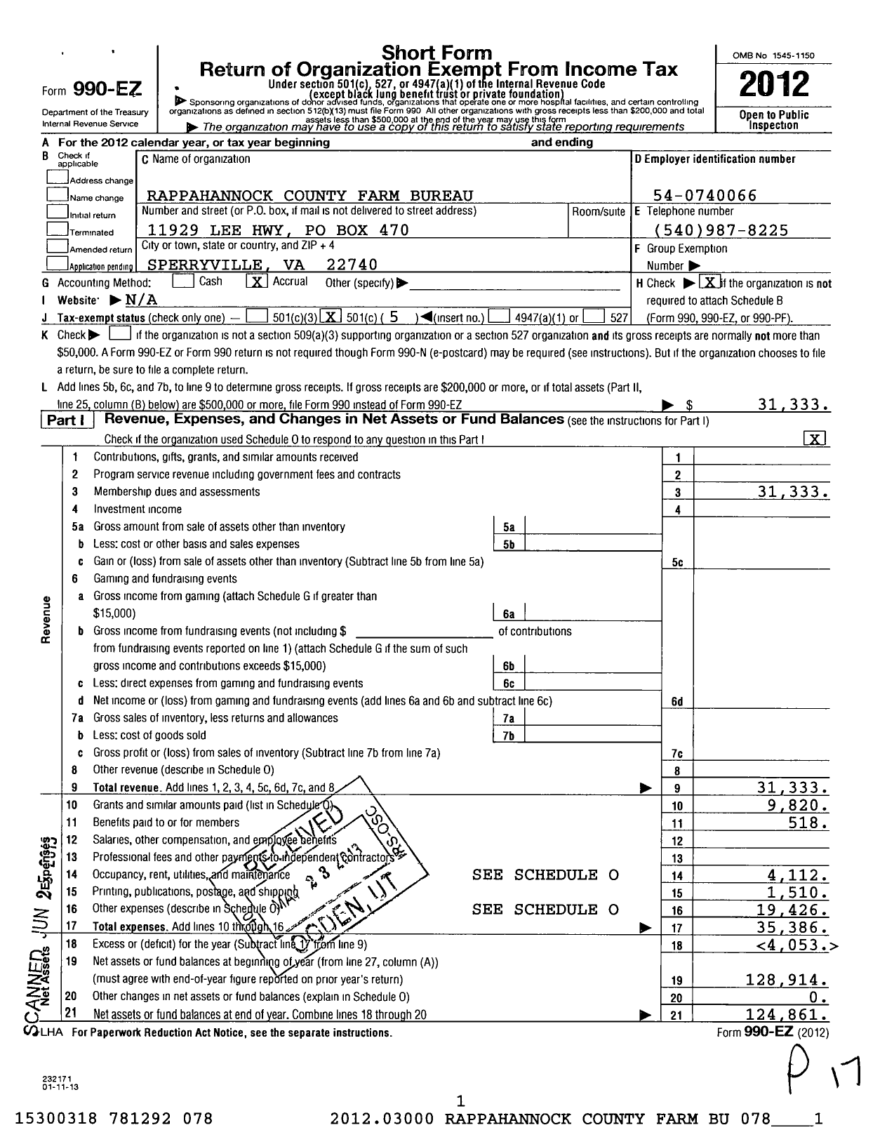 Image of first page of 2012 Form 990EO for Rappahannock County Farm Bureau