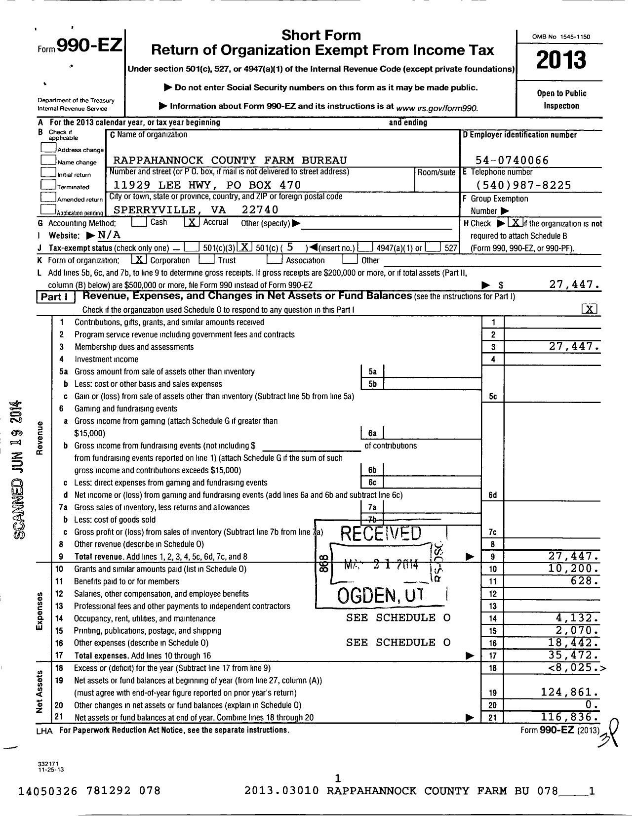 Image of first page of 2013 Form 990EO for Rappahannock County Farm Bureau