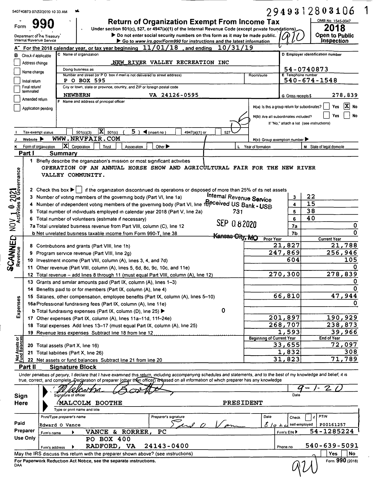 Image of first page of 2018 Form 990O for New River Valley Recreation