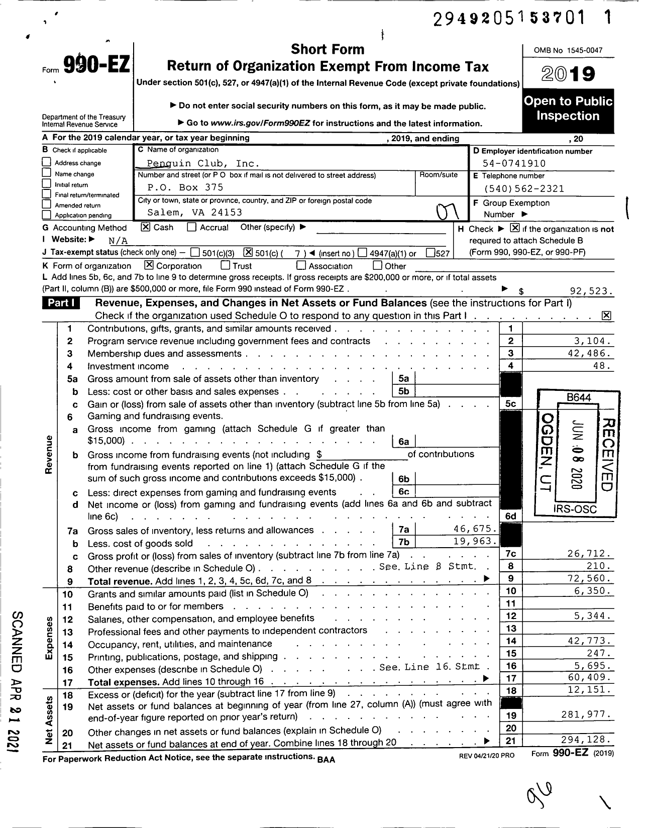 Image of first page of 2019 Form 990EO for Penguin Club