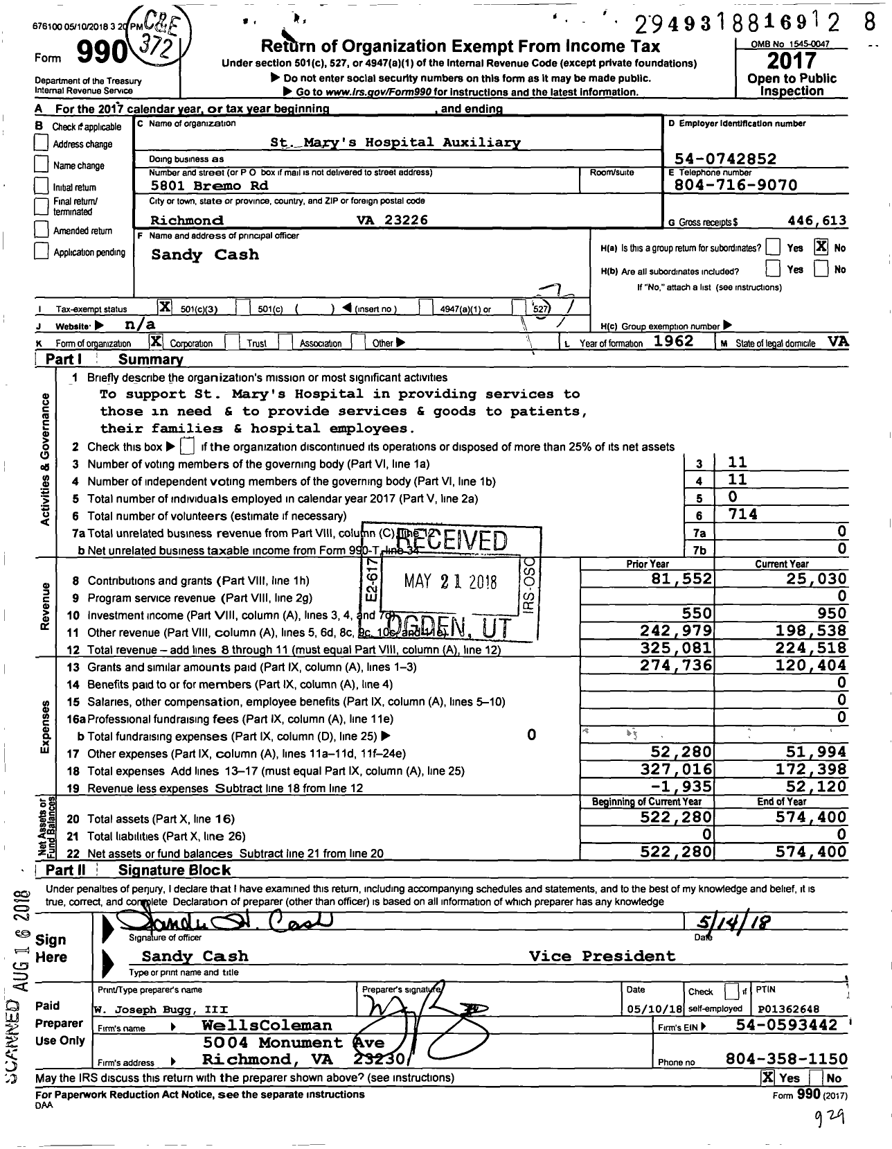 Image of first page of 2017 Form 990 for St Mary's Hospital Auxiliary