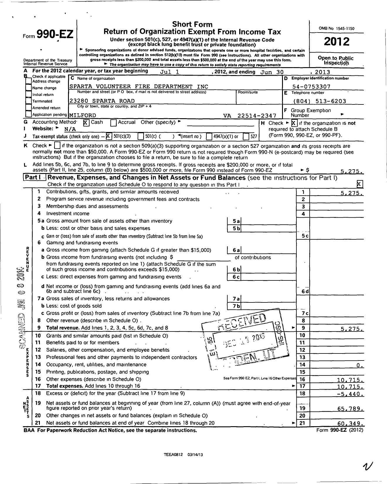 Image of first page of 2012 Form 990EZ for Sparta Volunteer Fire Department