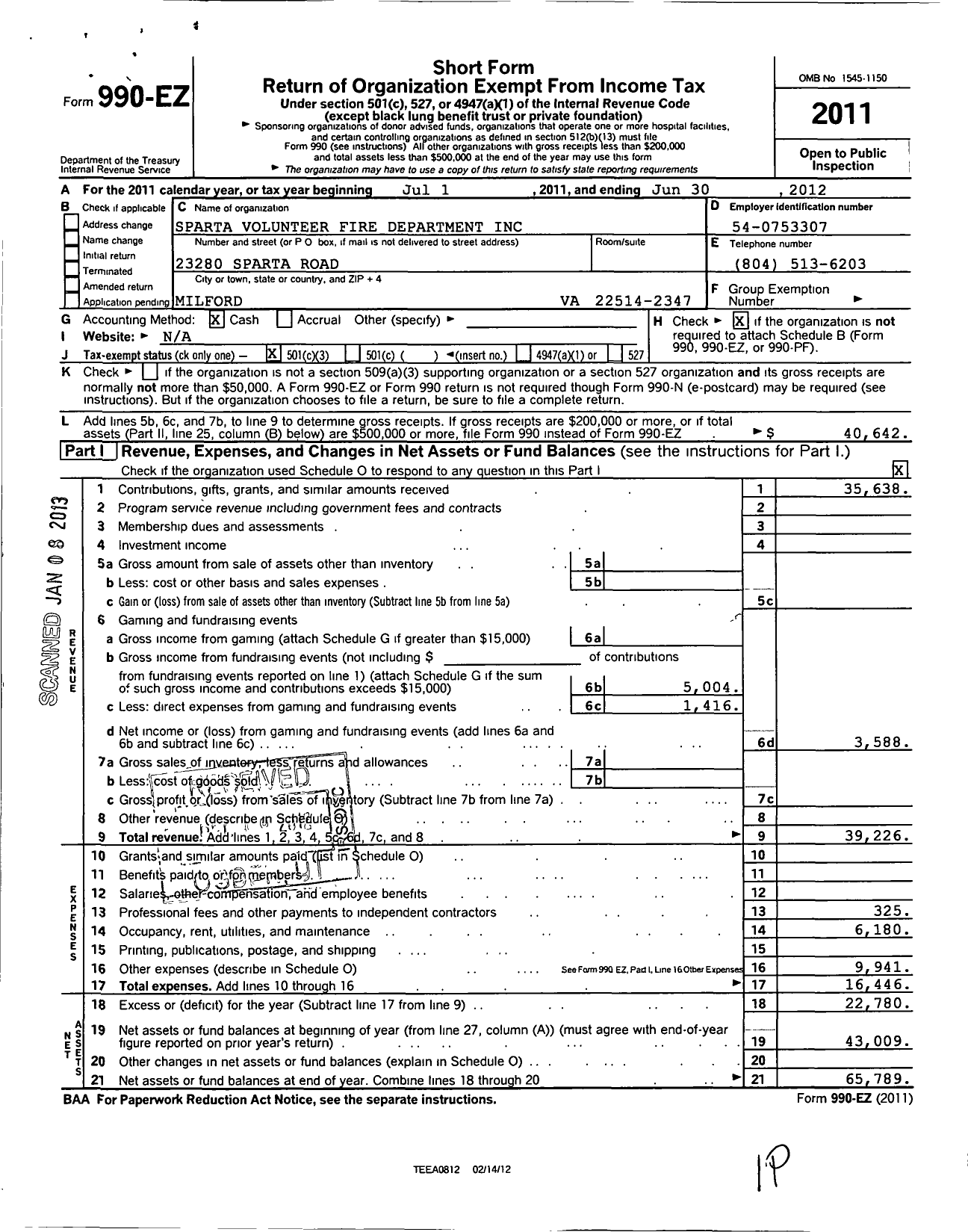 Image of first page of 2011 Form 990EZ for Sparta Volunteer Fire Department