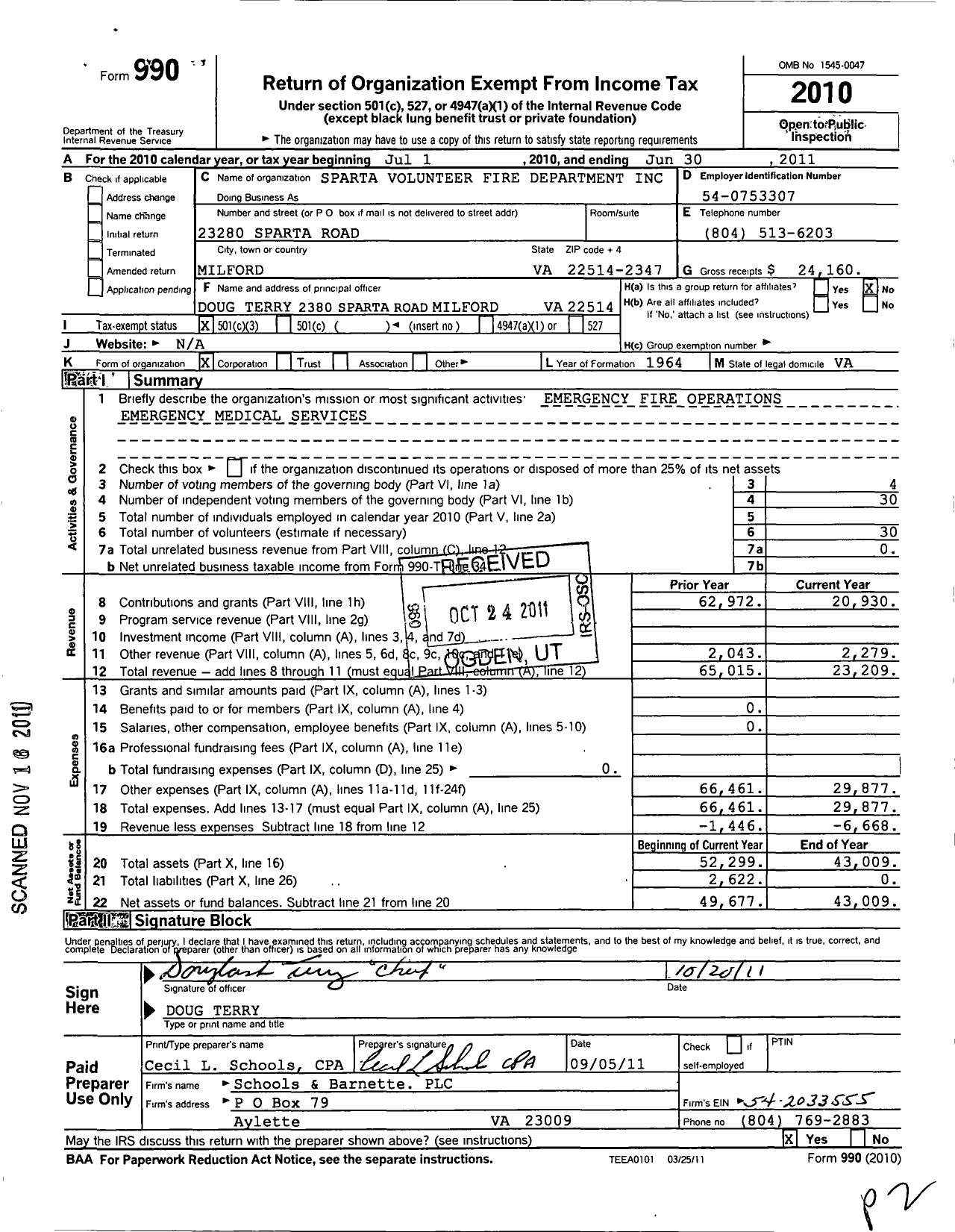 Image of first page of 2010 Form 990 for Sparta Volunteer Fire Department