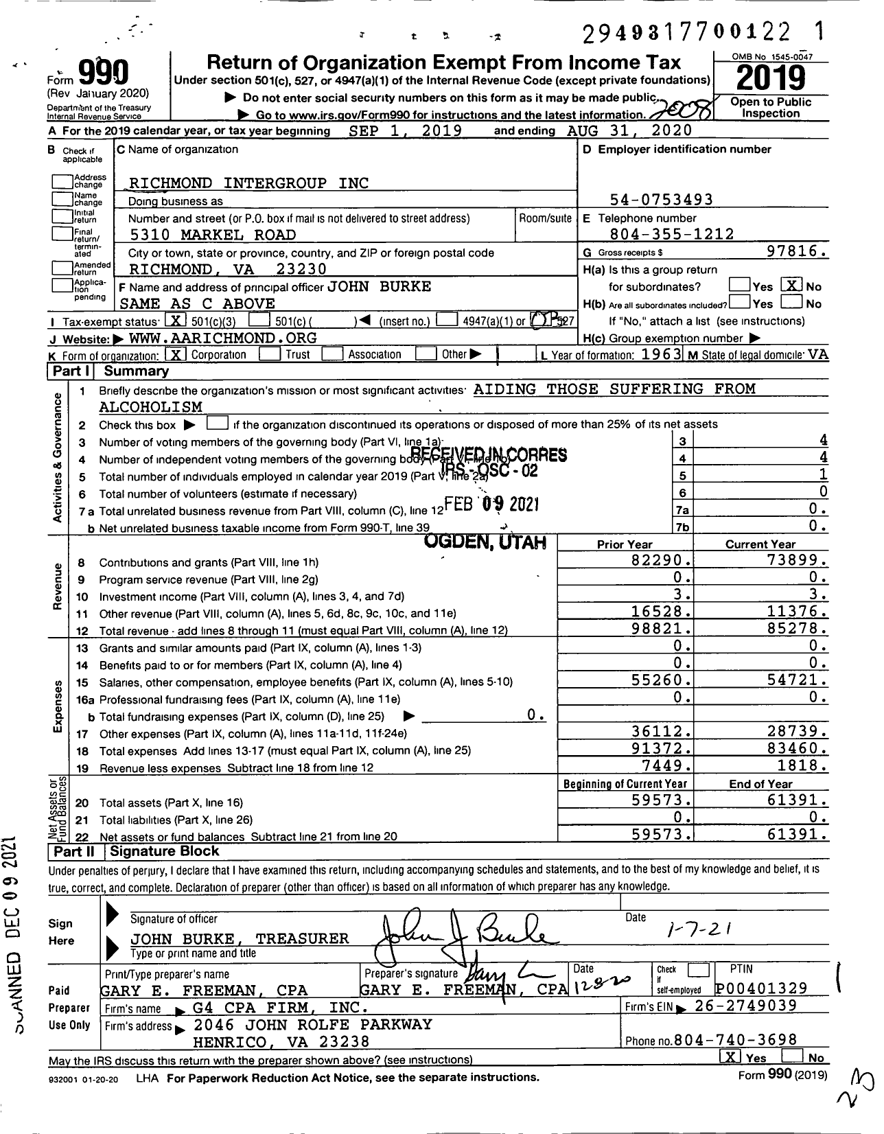 Image of first page of 2019 Form 990 for Richmond Intergroup