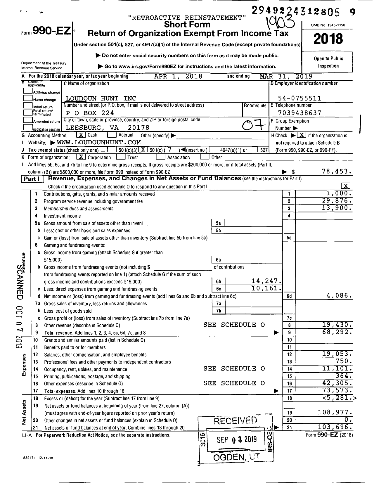 Image of first page of 2018 Form 990EO for Loudoun Hunt