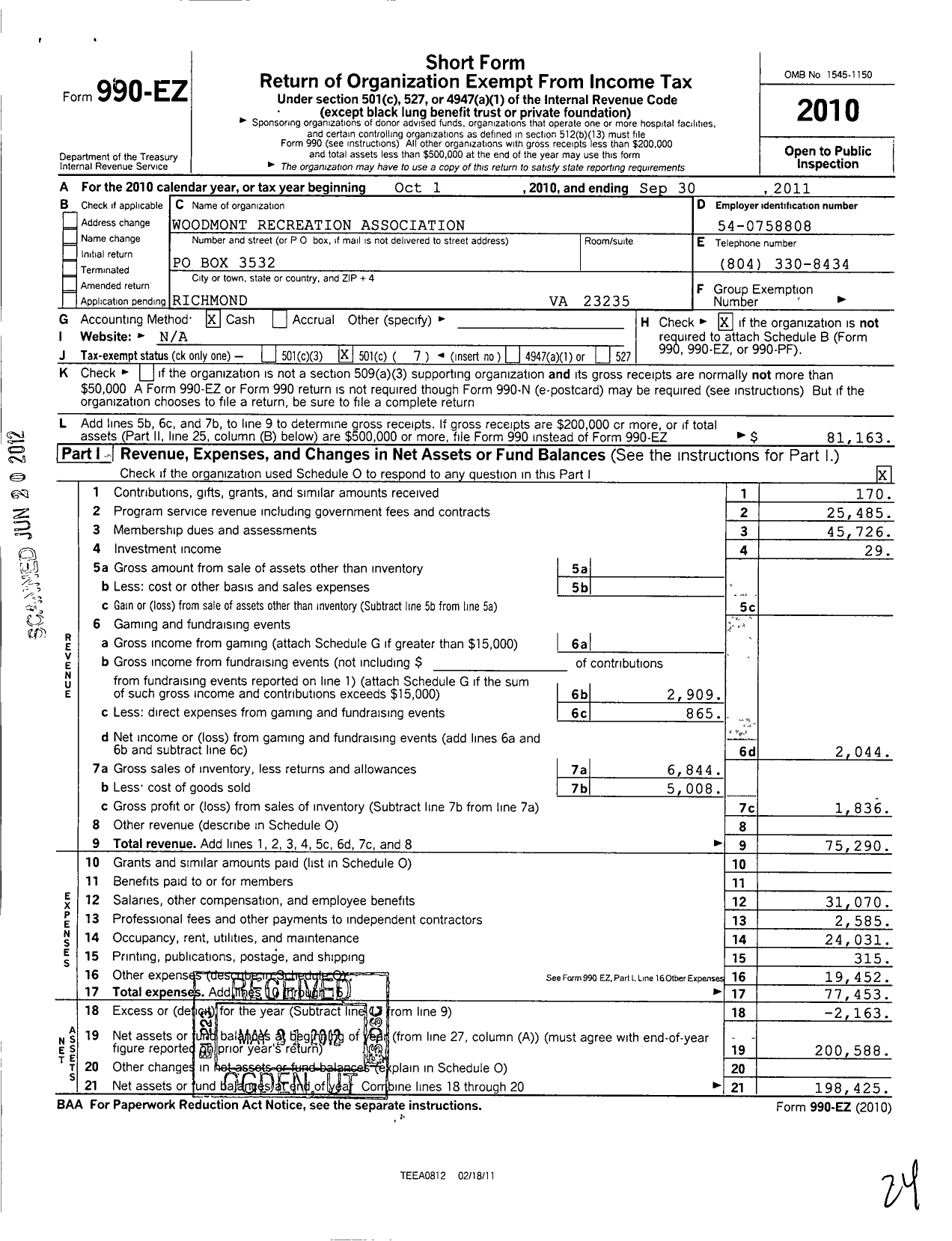 Image of first page of 2010 Form 990EO for Woodmont Recreation Association