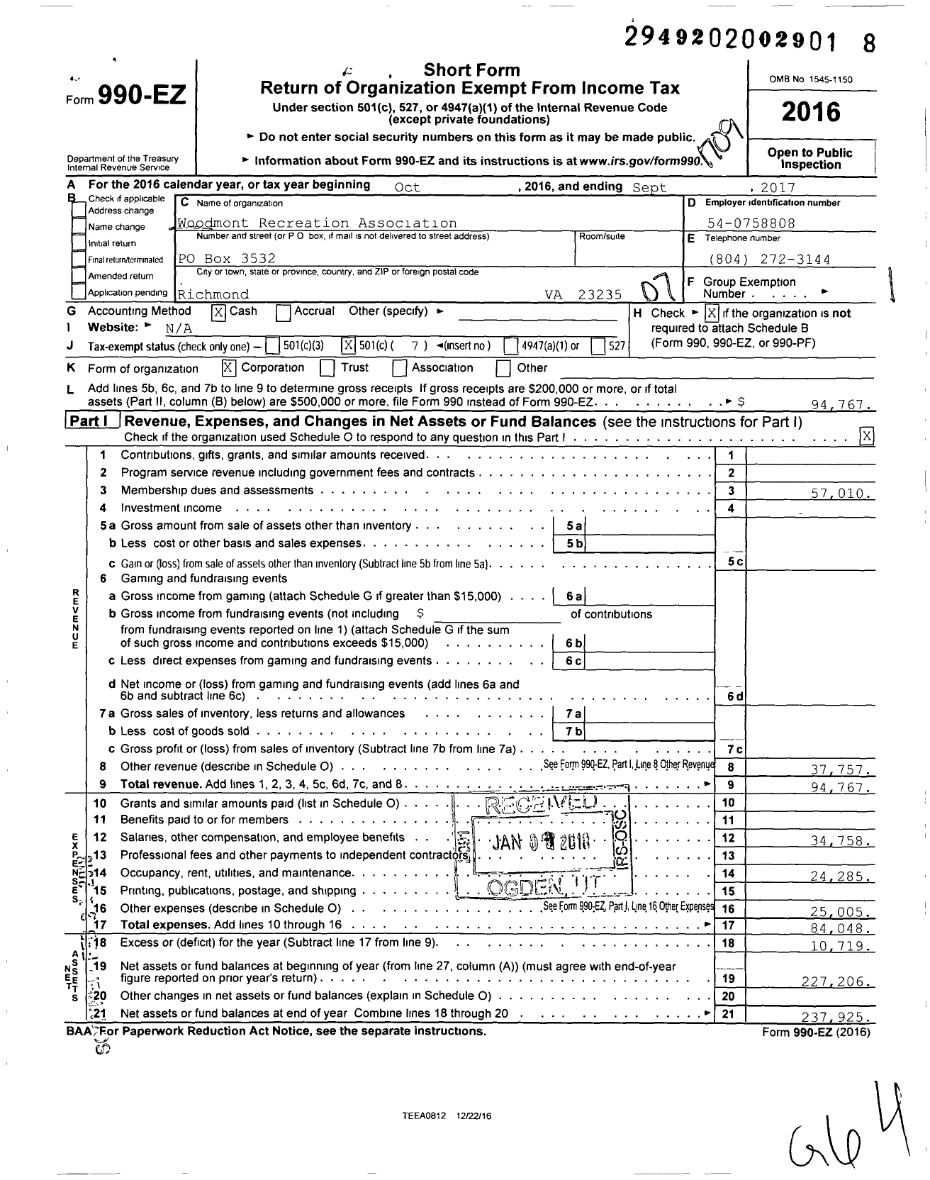 Image of first page of 2016 Form 990EO for Woodmont Recreation Association