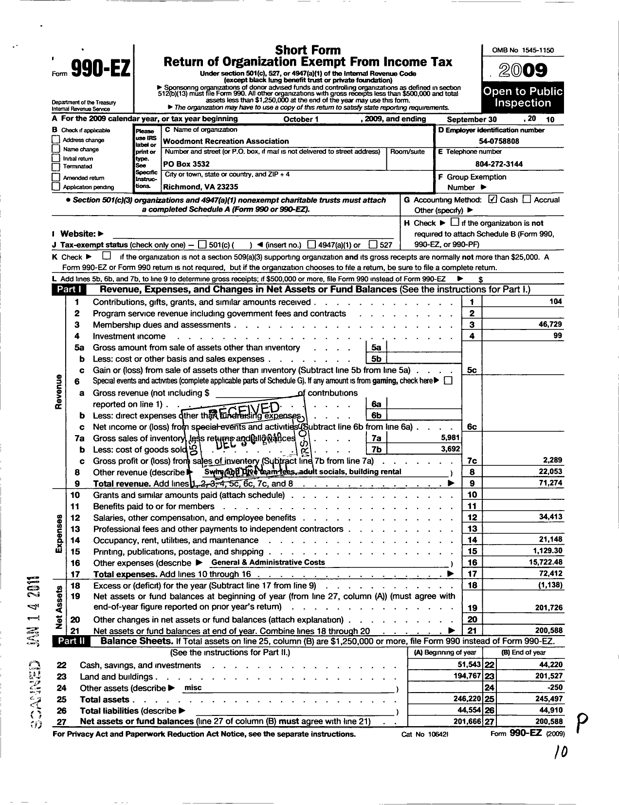 Image of first page of 2009 Form 990EO for Woodmont Recreation Association