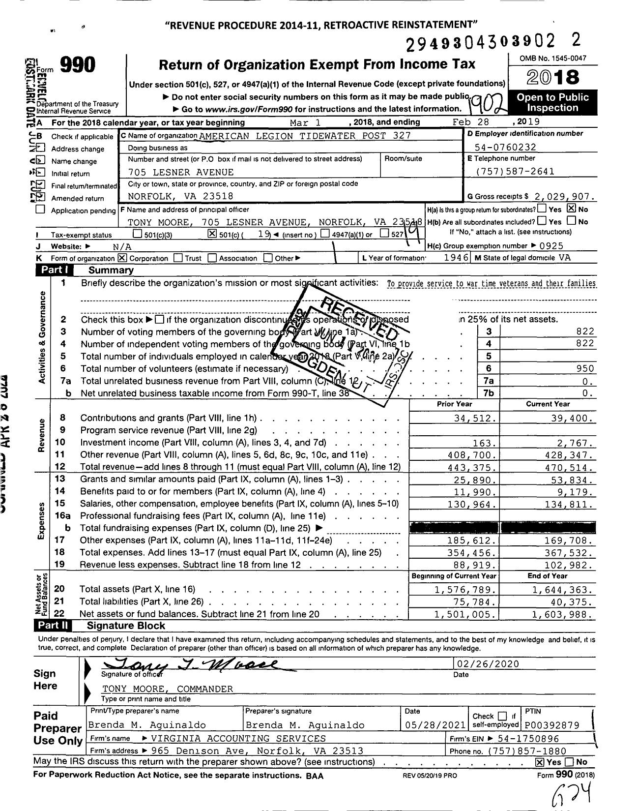 Image of first page of 2018 Form 990O for American Legion Tidewater Post 327