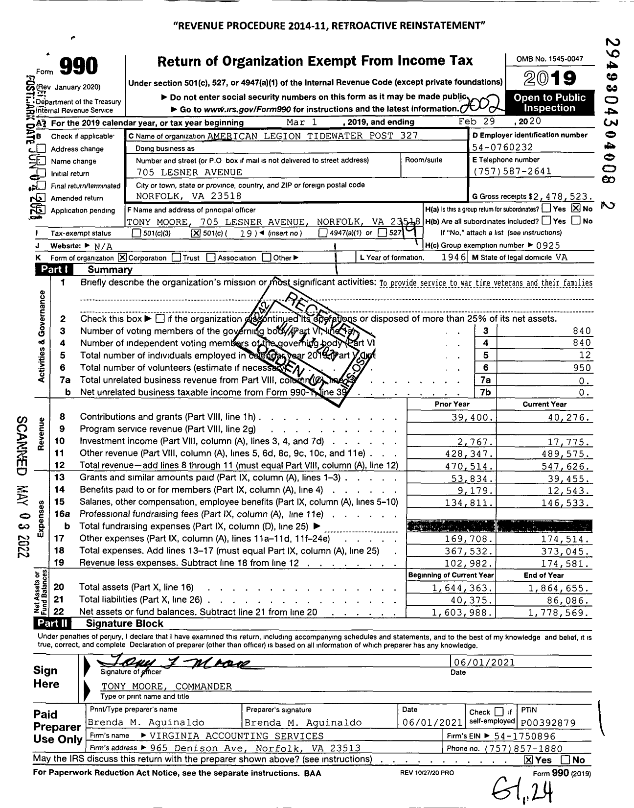 Image of first page of 2019 Form 990O for American Legion Tidewater Post 327
