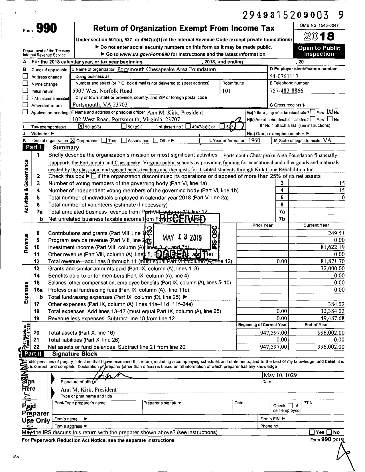 Image of first page of 2018 Form 990 for Portsmouth Chesapeake Area Foundation