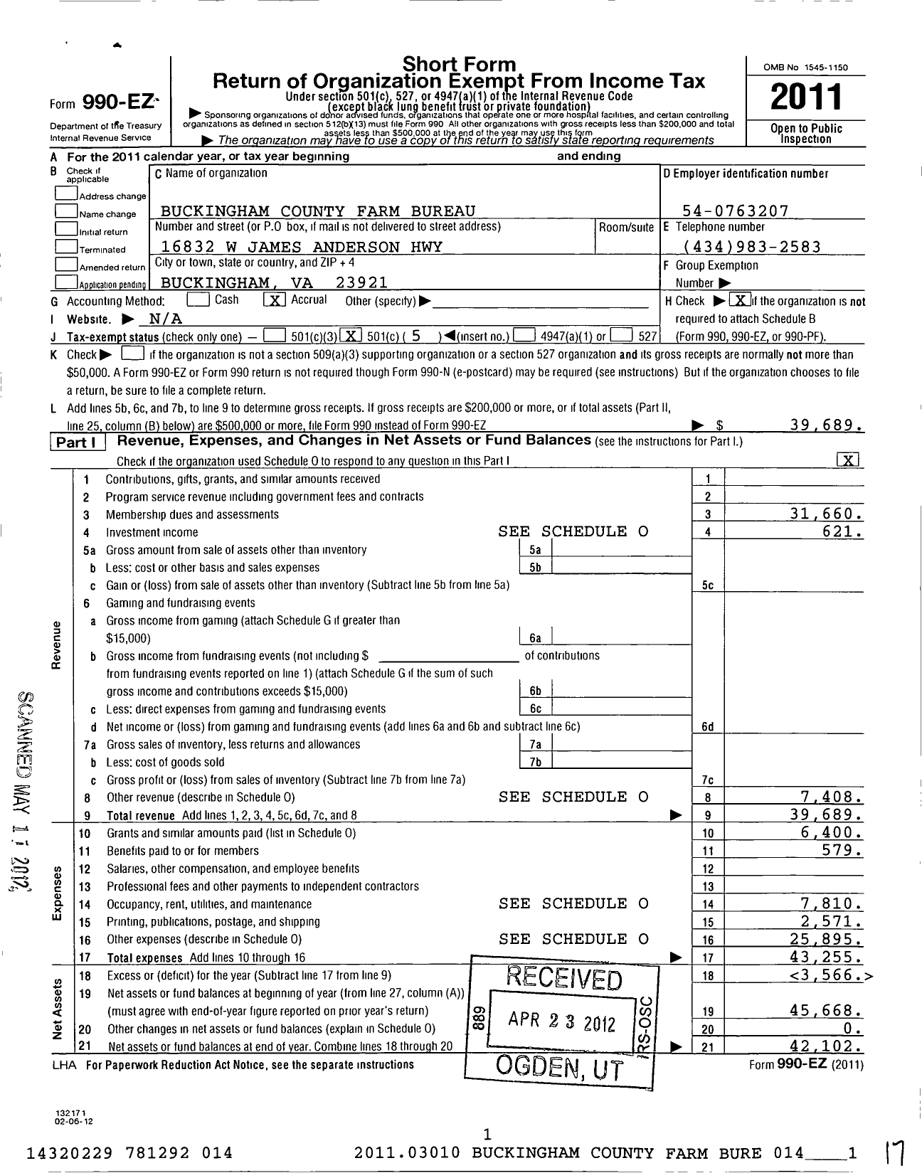 Image of first page of 2011 Form 990EO for Buckingham County Farm Bureau