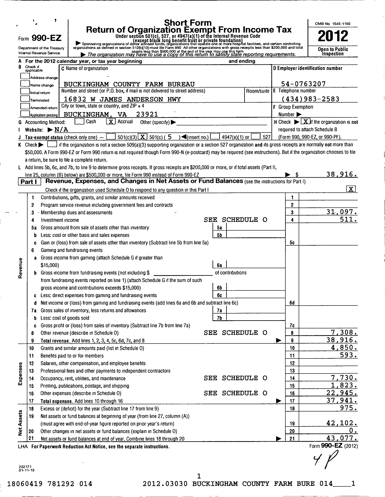 Image of first page of 2012 Form 990EO for Buckingham County Farm Bureau