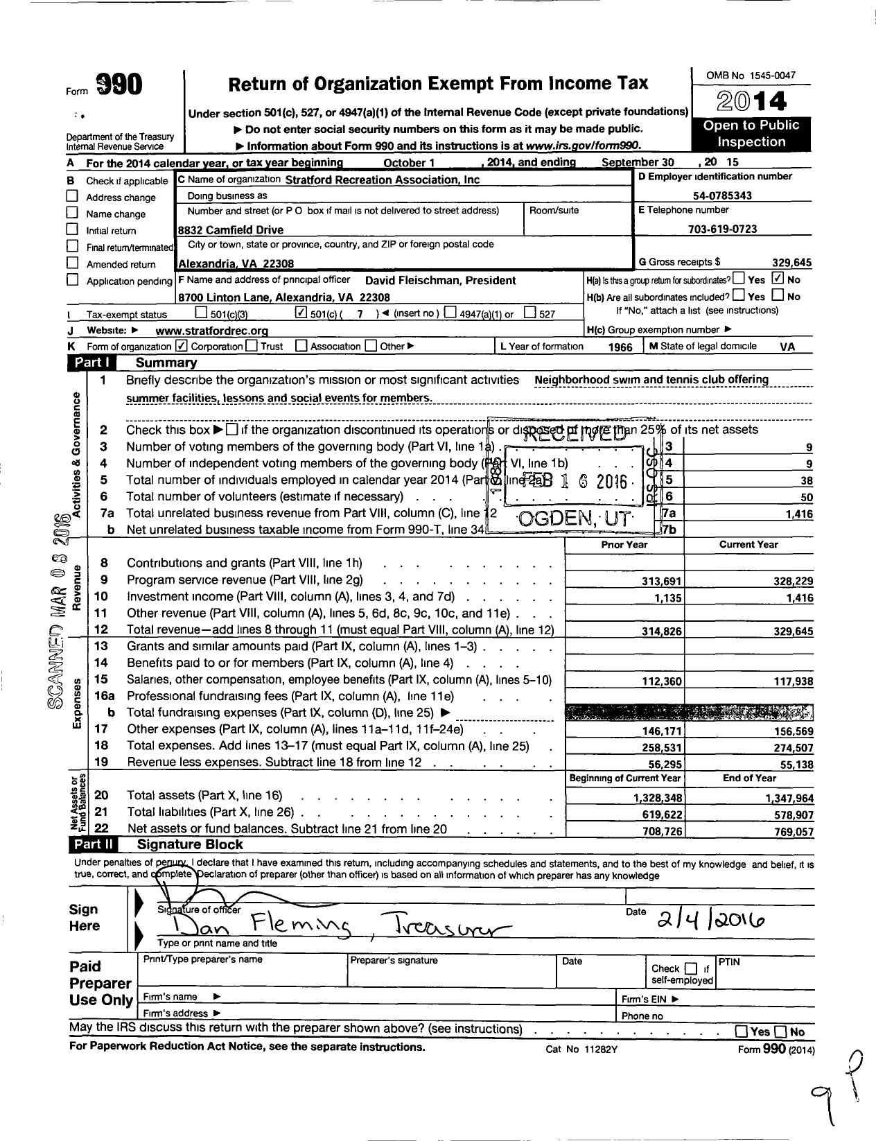 Image of first page of 2014 Form 990O for Stratford Recreation Association